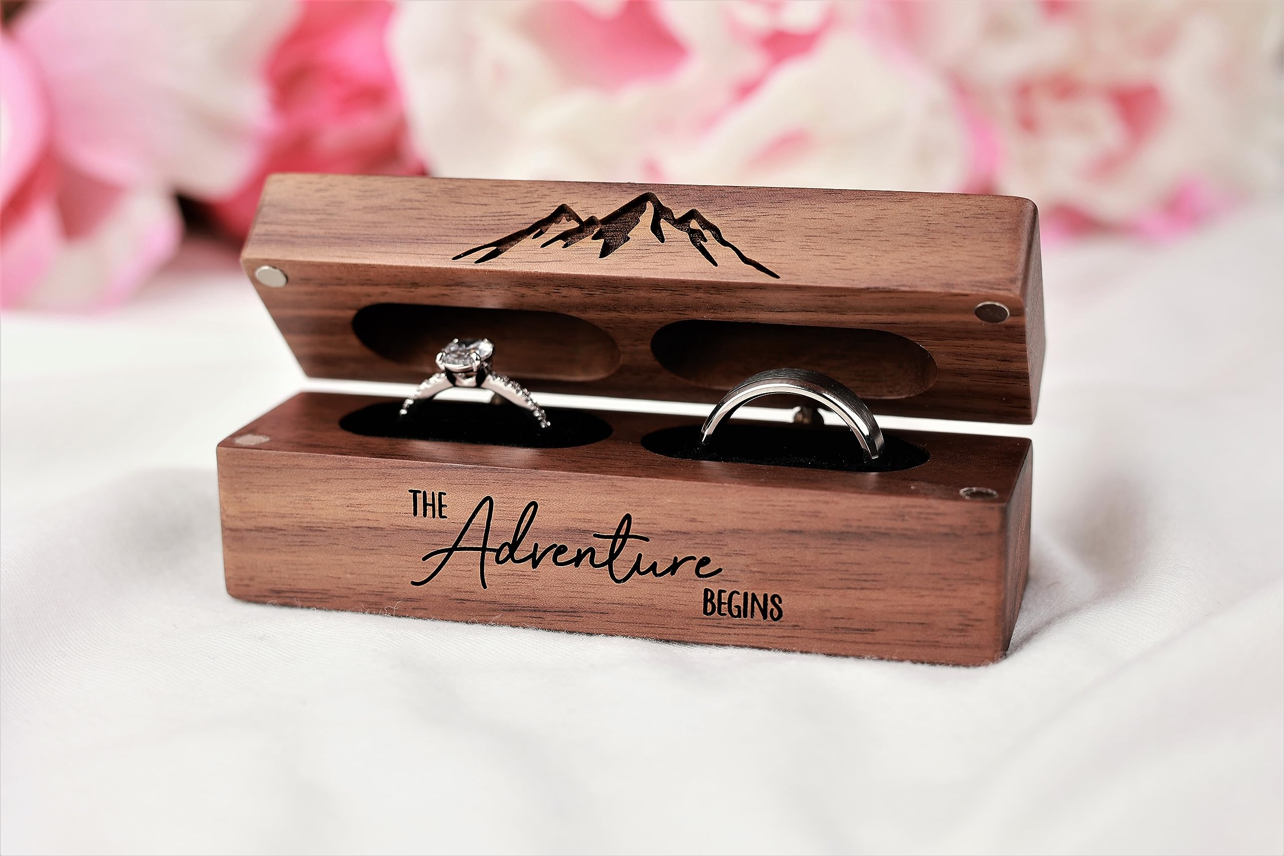 Elegant Slim Wooden Ring Box for Wedding & Engagement - Double Slot Rustic Ring Holder by Northstar Engraving | Perfect for Proposals, Vow Renewals & Jewelry Gift Presentation