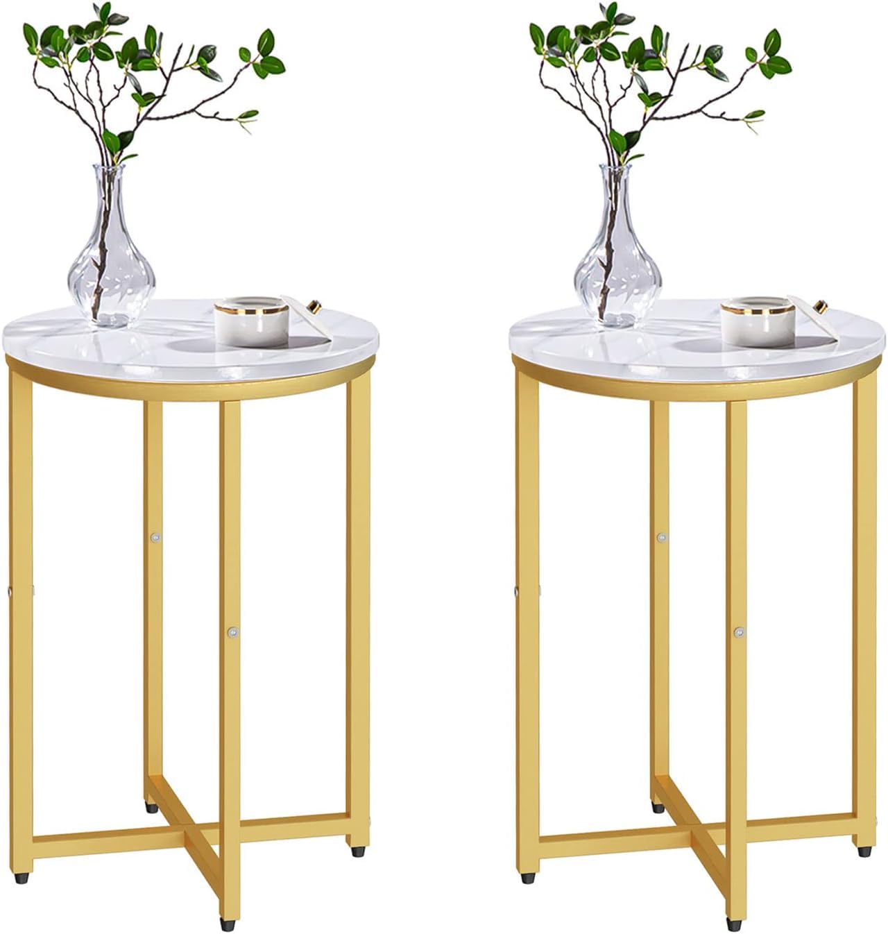 Modern Gold Side Table Set of 2 - Round Coffee & End Tables with Gold Metal Frame & White Marble Top - 16