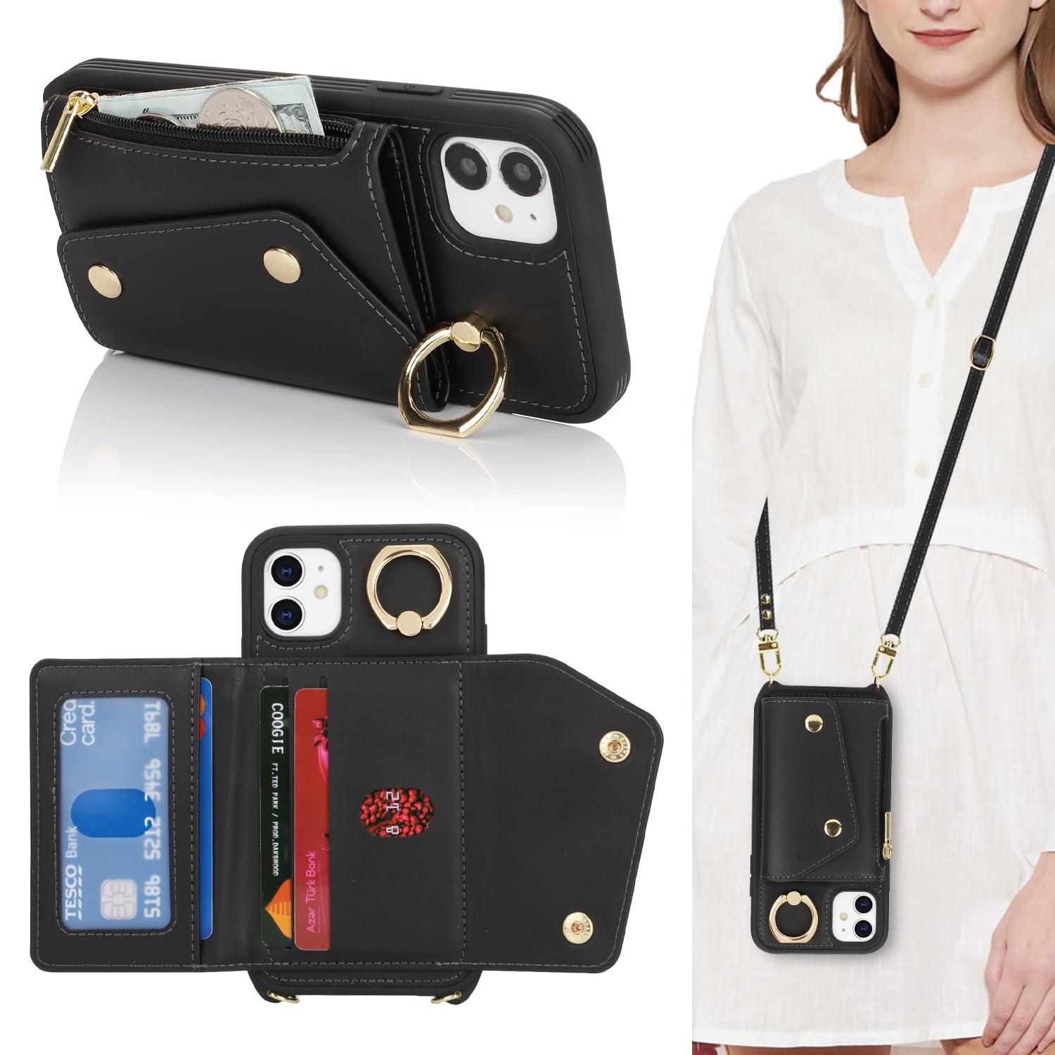 Premium iPhone 11 Wallet Case with Card Holder & Crossbody Strap - 6.1 Inch Protective Phone Cover with Zipper Pocket, Stand Ring & Lanyard - Stylish Black Women's Phone Wallet for Daily Use, Shopping & Travel