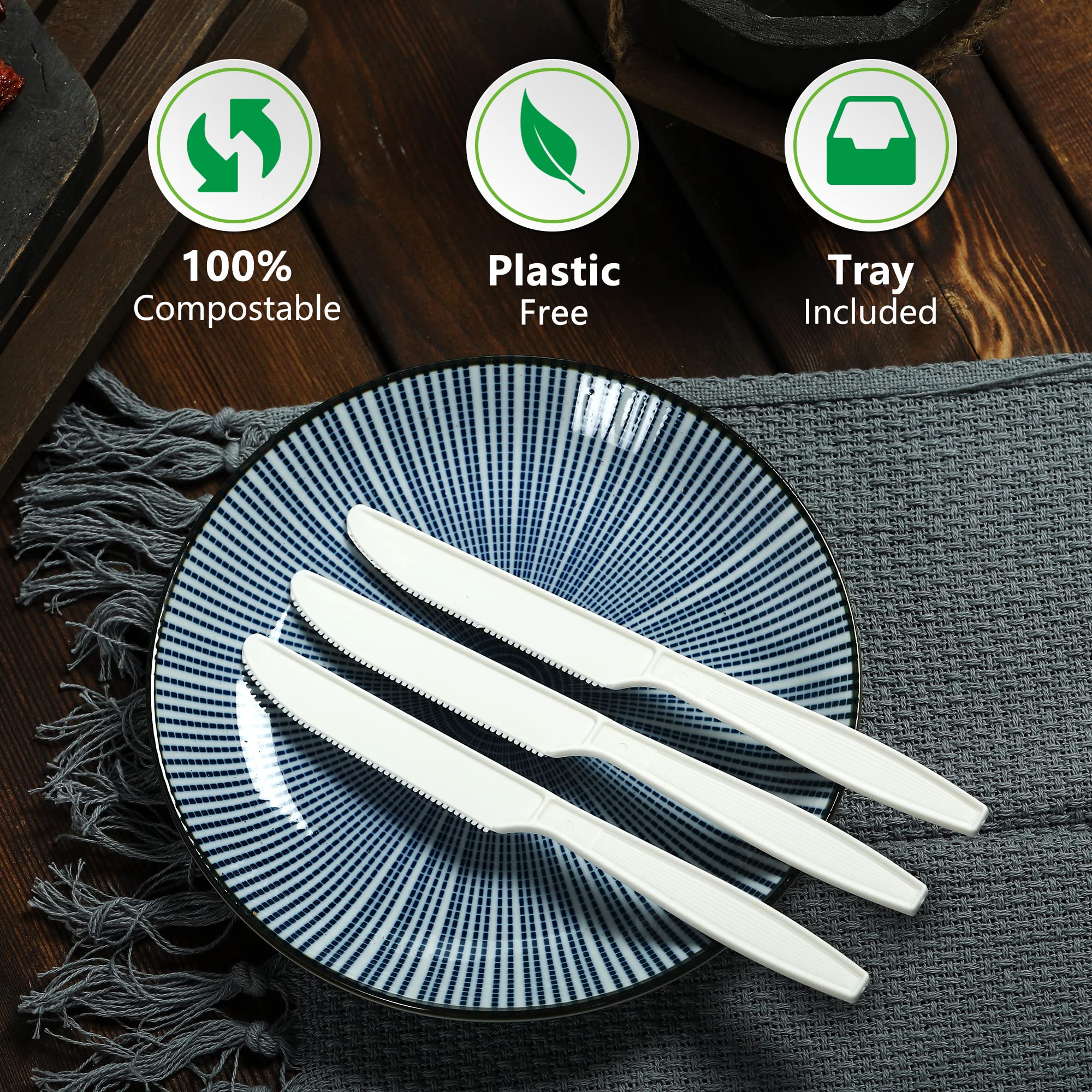 Eco-Friendly Compostable Knives - 100 Biodegradable Disposable Utensils for Parties, Picnics & Events | Durable, Heat-Resistant Alternative to Plastic Cutlery | Perfect for Outdoor Dining, BBQs & Zero-Waste Gatherings