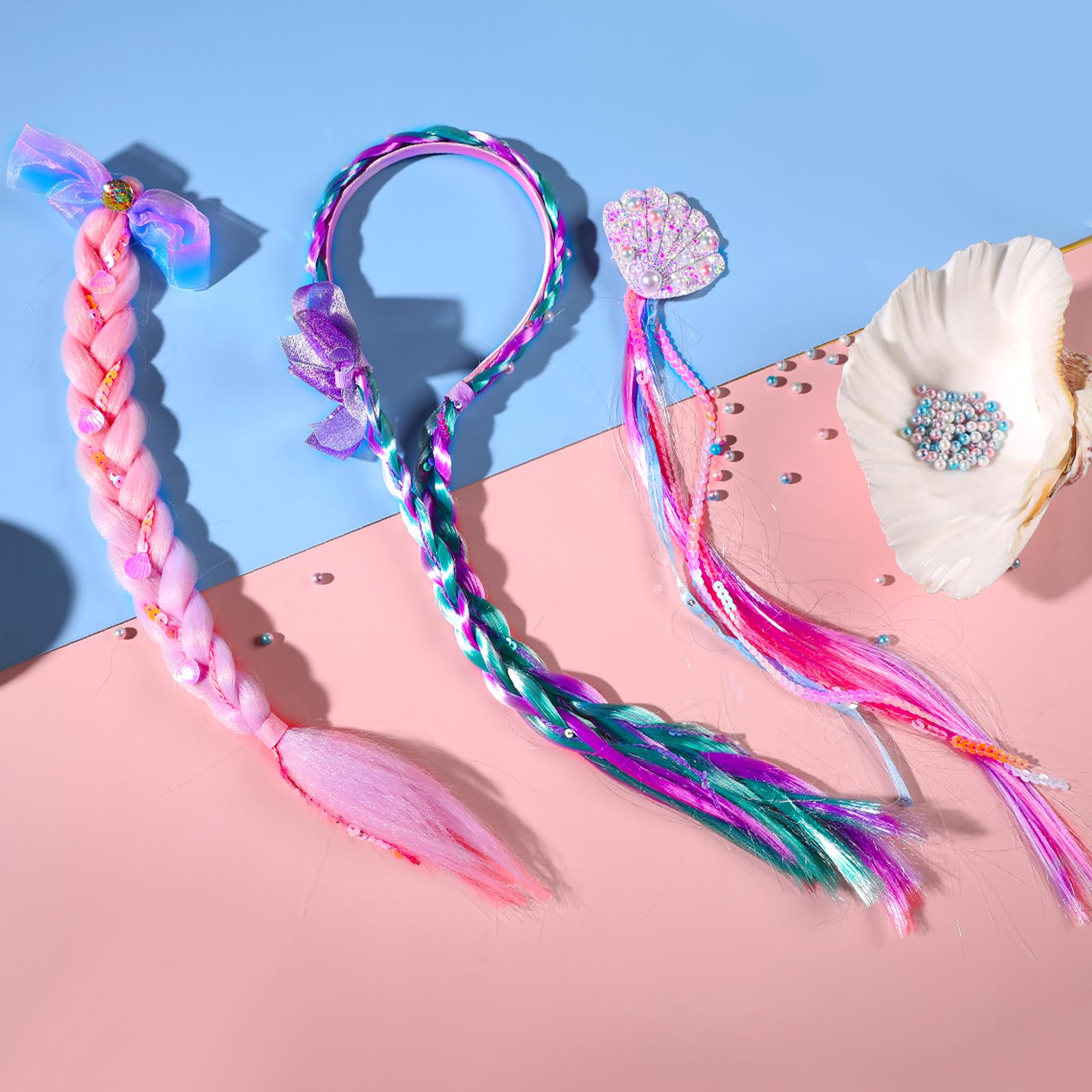 PinkSheep 3 Pack Mermaid Hair Clips for Girls - Fake Hair Extensions & Rainbow Wigs for Kids - Perfect for Costume Parties, Dress Up, Halloween & Cosplay