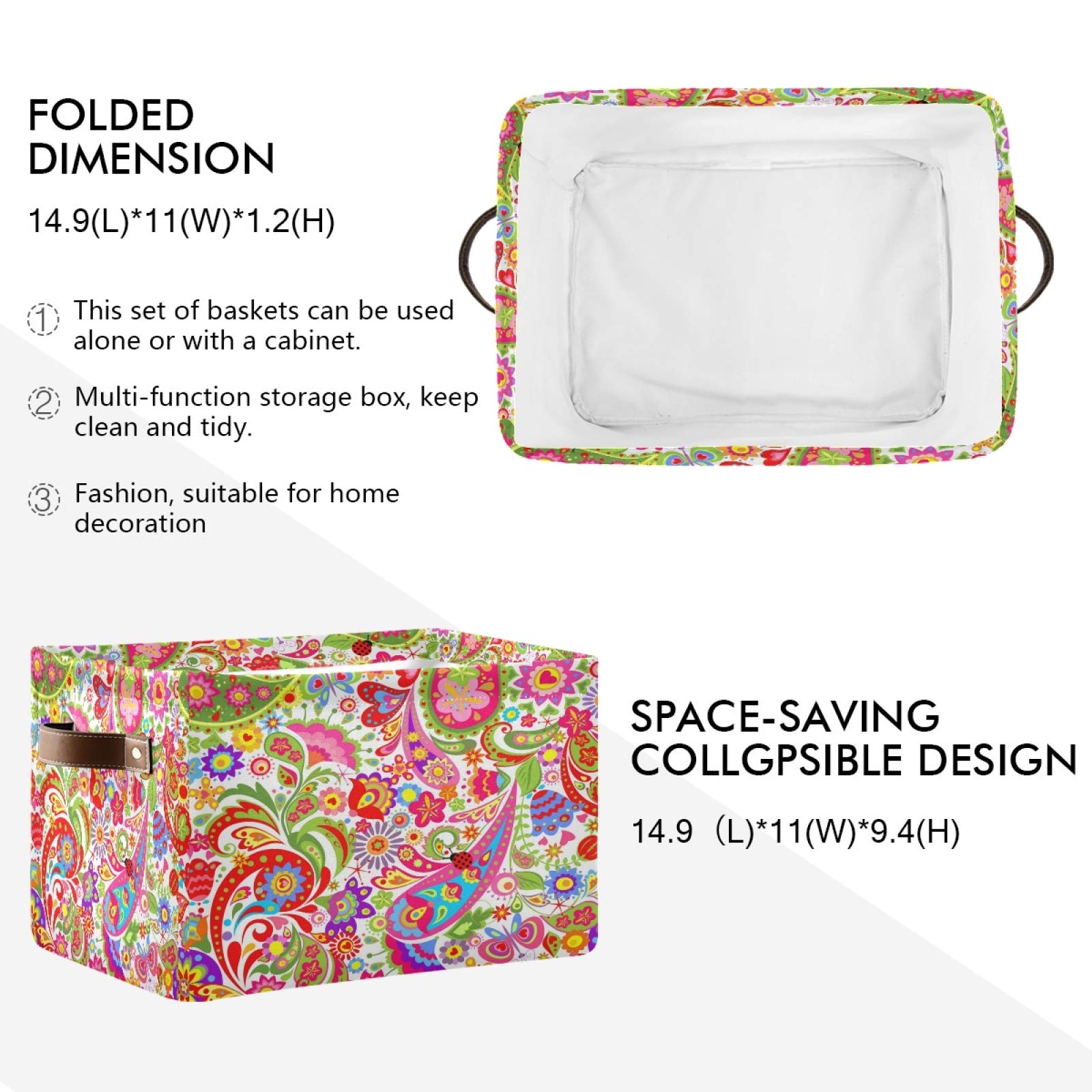 AUUXVA Collapsible Storage Basket - Durable Canvas Paisley Floral Cube Box with Handles for Toys, Clothes & Home Organization | Perfect for Bedroom, Closet, Shelf & Office Storage