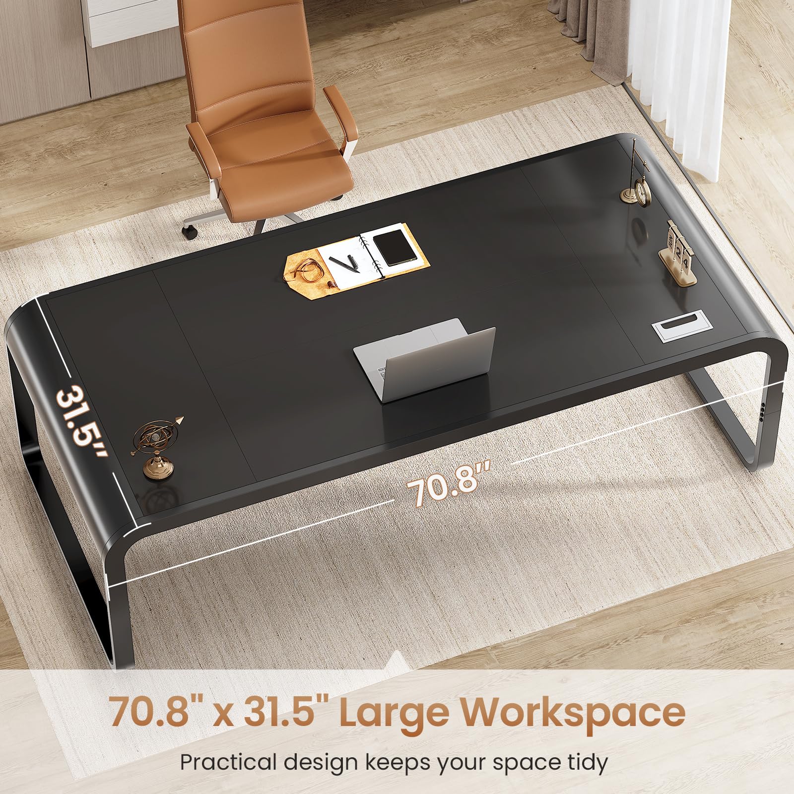 SEDETA 70.8 Inch Black Executive Office Desk - Large Modern Computer Desk with Cable Management, Home Office Workstation, Study & Writing Table for Professionals | Perfect for Home Office, Study Room & Workspace Setup