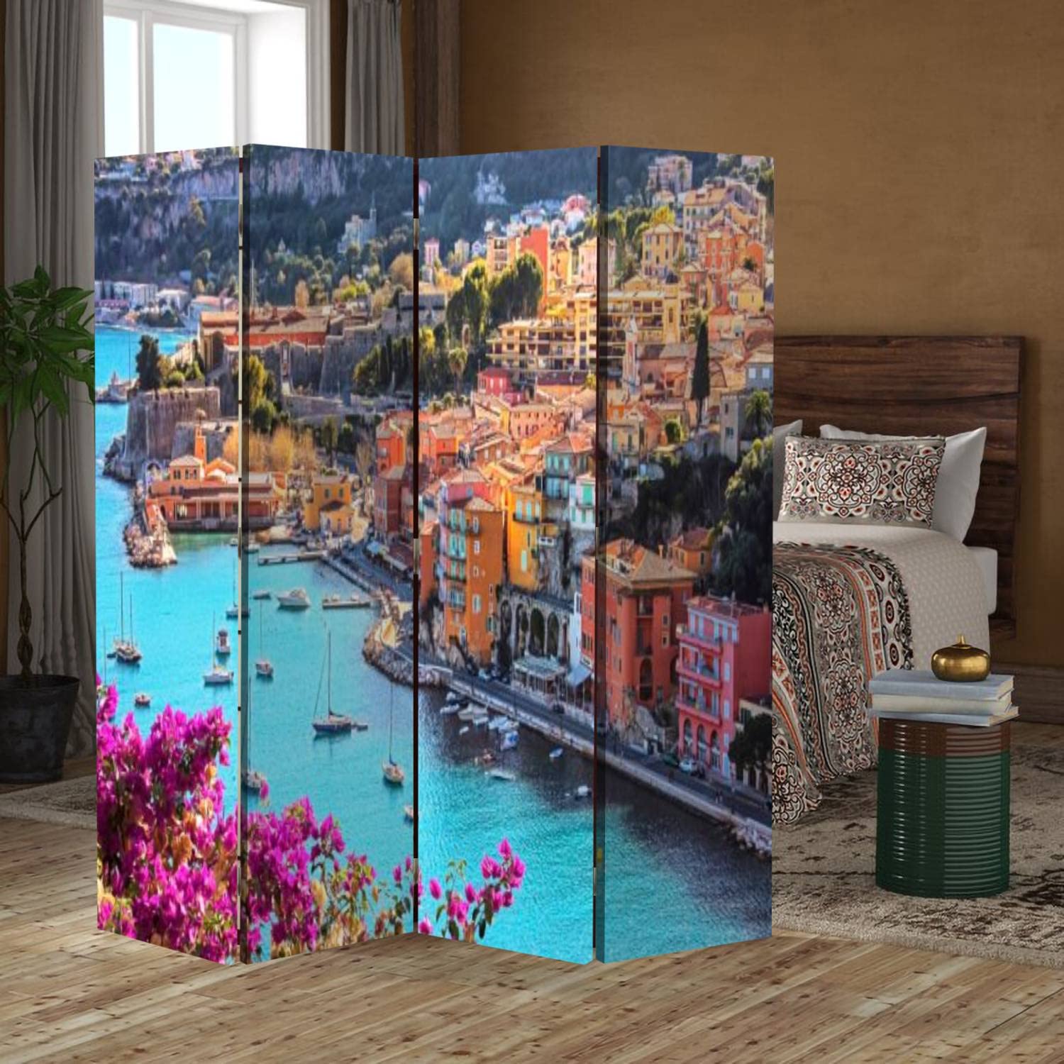 Wooden Folding Room Divider - 4-Panel Privacy Screen with Canvas Design, Inspired by Villefranche-sur-Mer France - Dual-Sided Wall Partition for Home & Office Use | Perfect for Living Room, Bedroom, and Studio Spaces