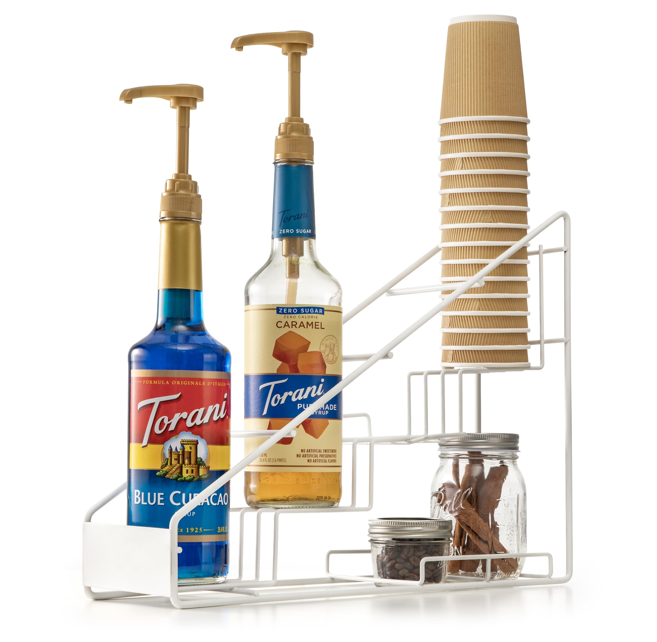 Fully Assembled Coffee Syrup Organizer Rack - Holds 4 Torani & Monin Bottles - Slim Wire Stand for Coffee Bar & Tea Station - White Syrup Holder for Home, Cafe & Office Use