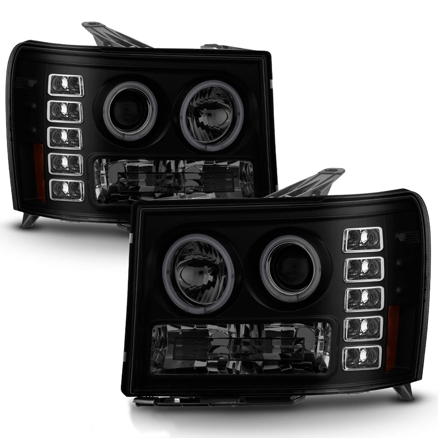 AKKON Smoked Halo LED Projector Headlights & LED Tail Lights for GMC Sierra 1500/2500HD Pickup Truck - Black Bezel Design, Enhanced Visibility & Style for Night Driving and Off-Road Adventures