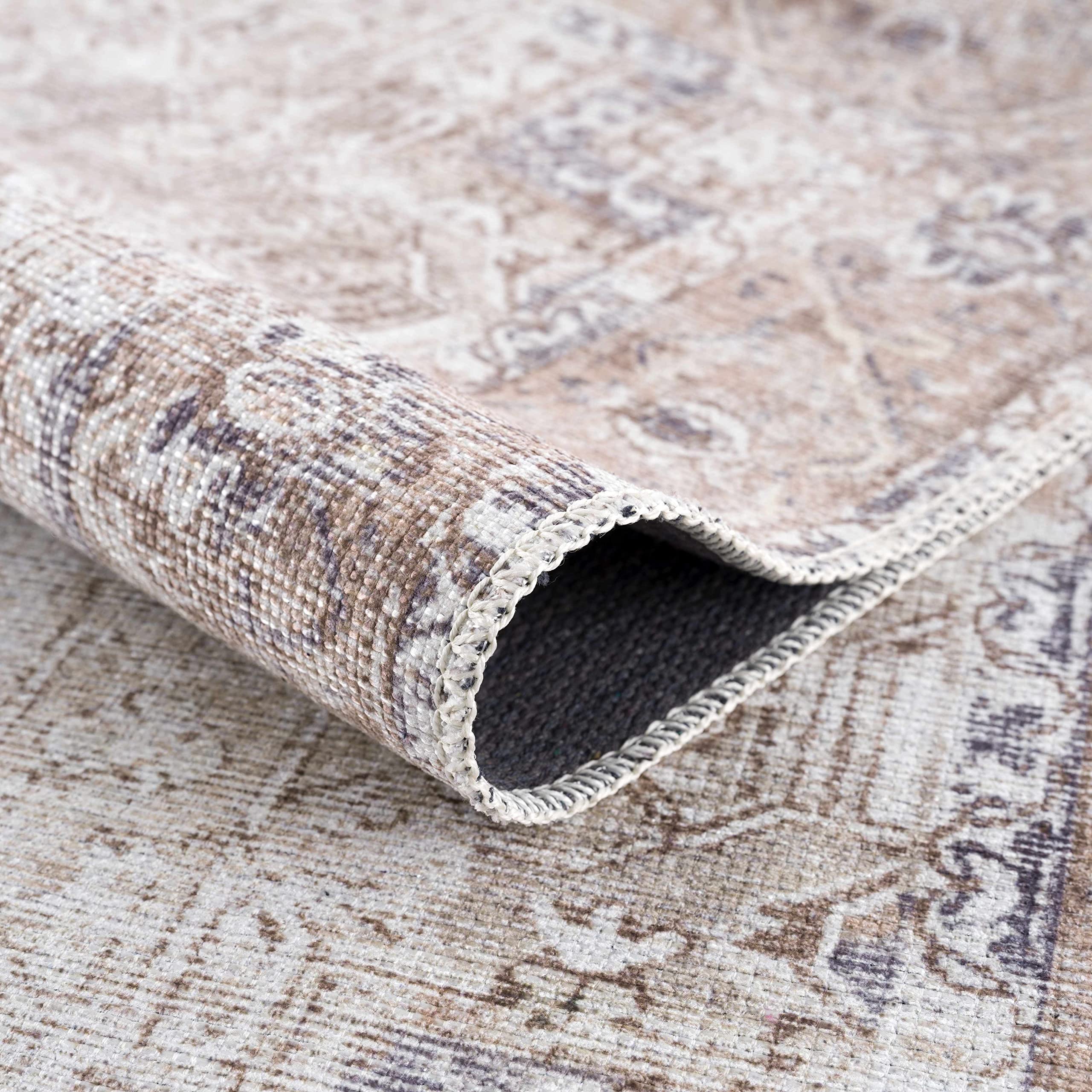 Machine Washable Traditional Runner Rug for Hallway & Kitchen - Beige, Light Brown, Navy - 2'7