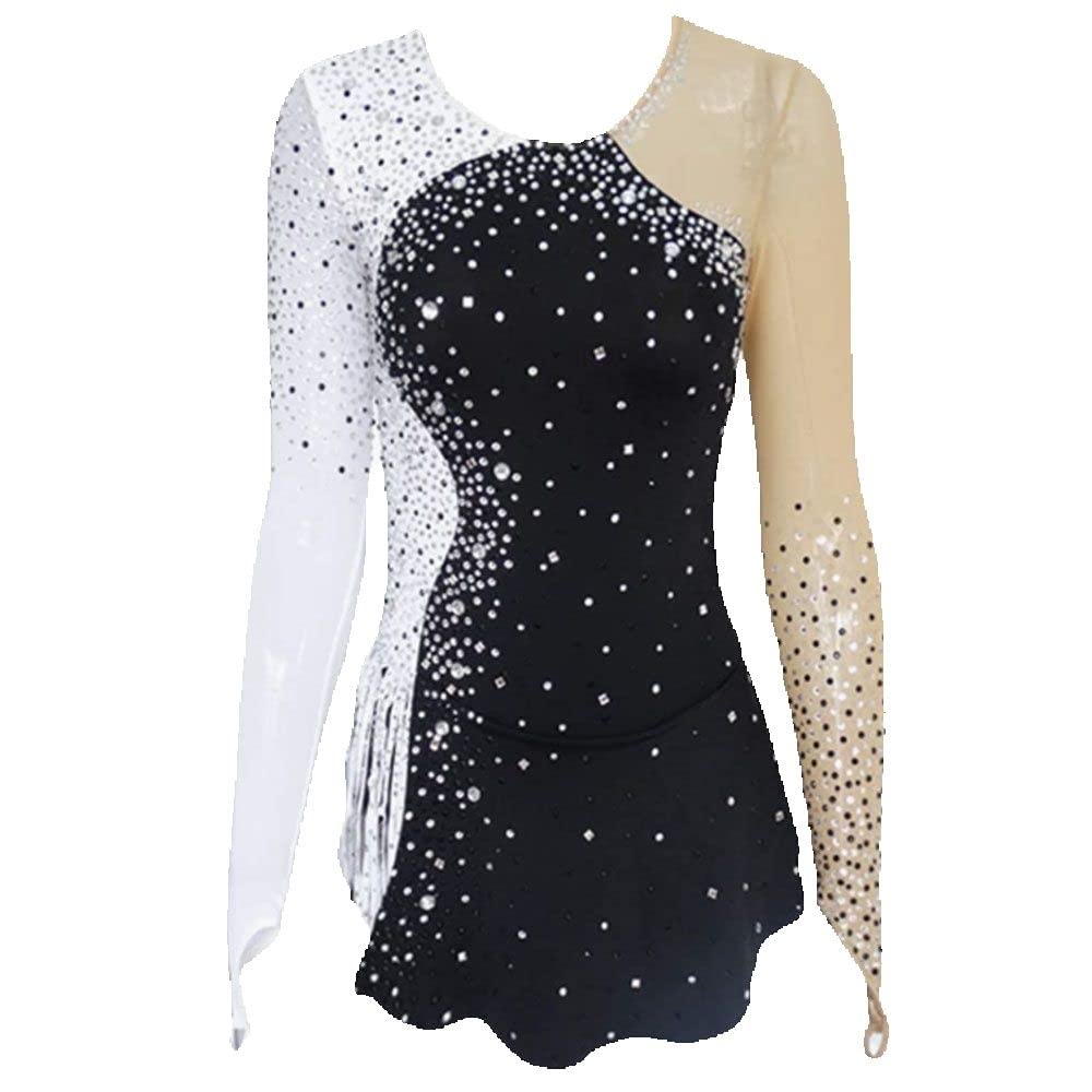 Elegant Black & White Figure Skating Dress for Adults & Kids - Long Sleeve Competition Costume with Sewing Patterns | Perfect for Ice Skating Performances & Winter Sports Events