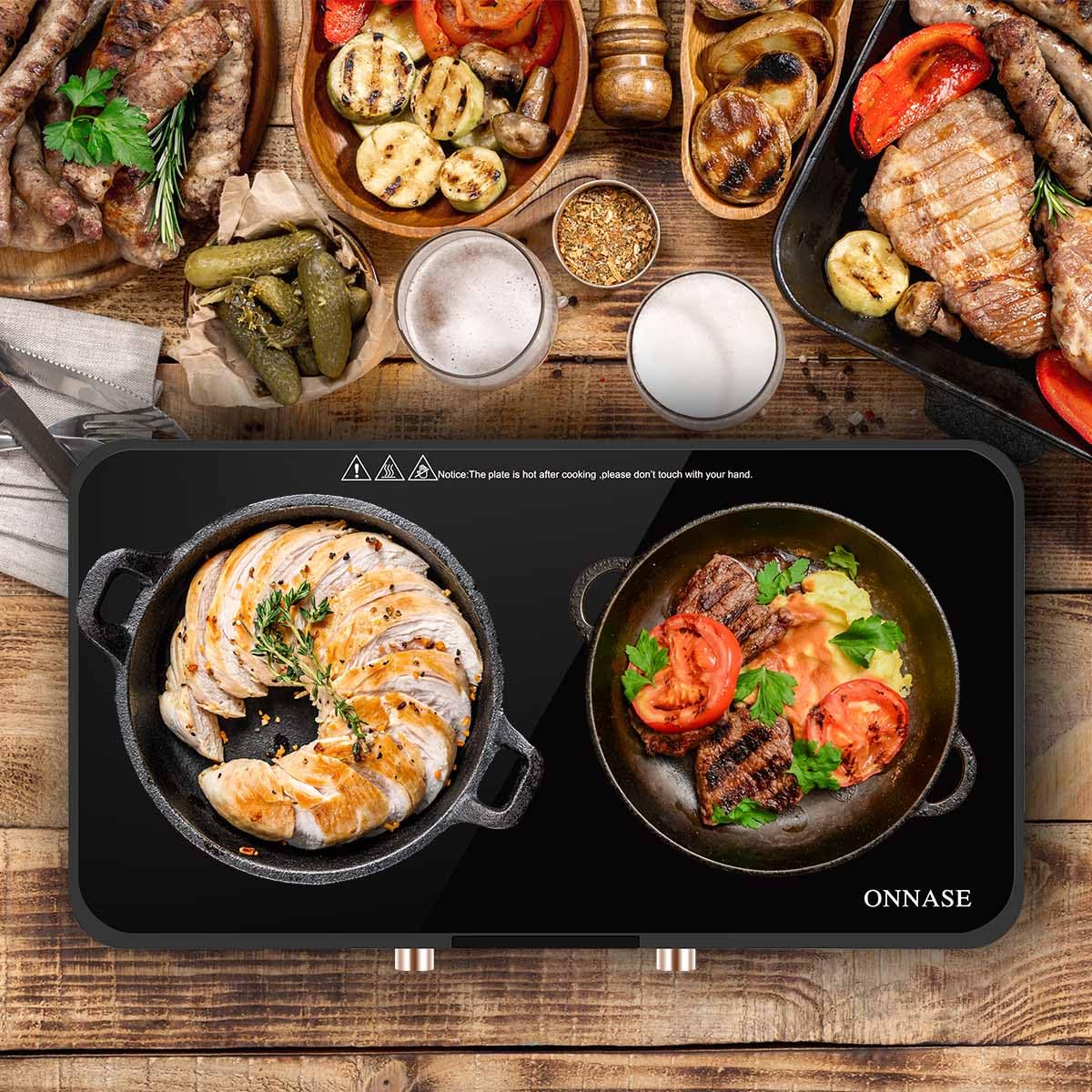 1800W Double Induction Cooktop with Non-Stick Griddle Pan - 2 Burners, 11 Power Levels & 3H Timer - Perfect for Home Kitchen, Dorm & RV Cooking - Black