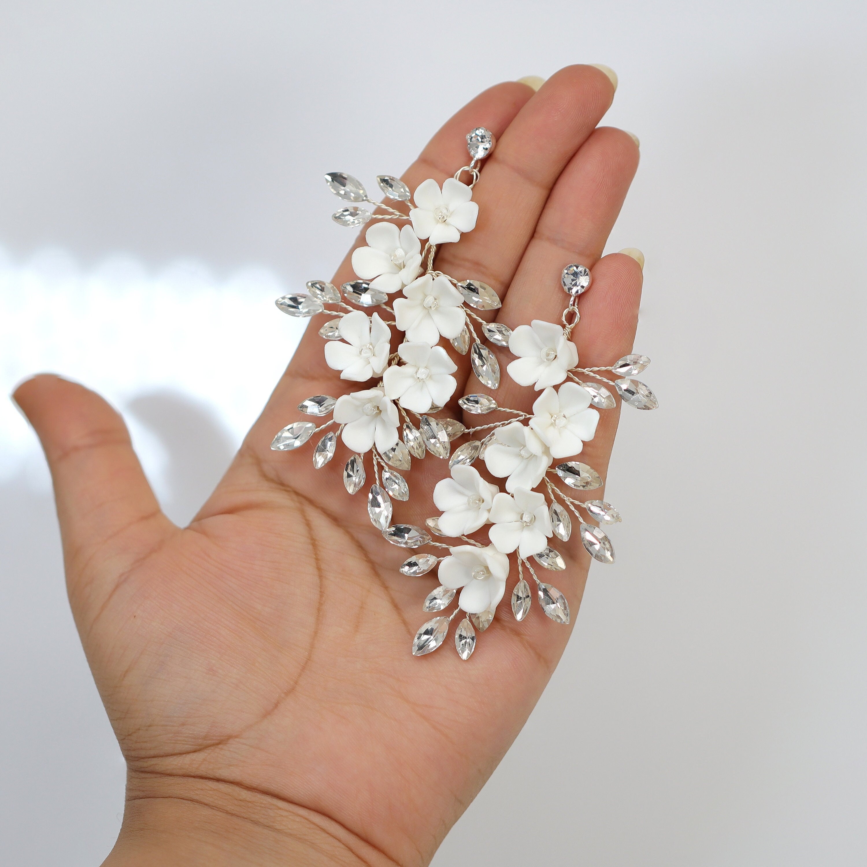 Swarovski Crystal Porcelain White Floral Vine Leaf Earrings - Long Bridal Jewelry with Opal | Elegant Statement Earrings for Wedding, Party & Special Occasions