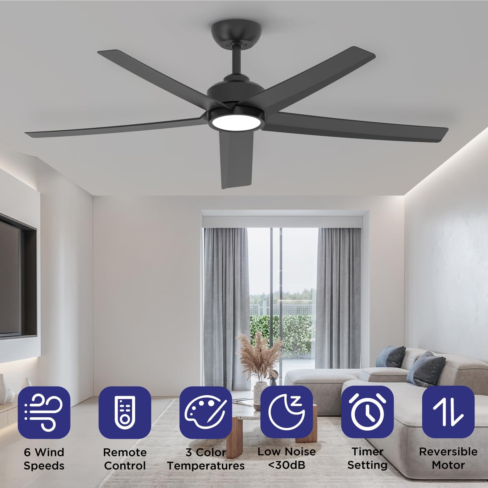52 Inch Black Ceiling Fan with Light and Remote Control - 3CCT Adjustable, Quiet DC Motor, 5 Blades Modern Design for Living Room, Bedroom, Farmhouse - Energy Efficient Indoor Ceiling Fan with LED Light Kit