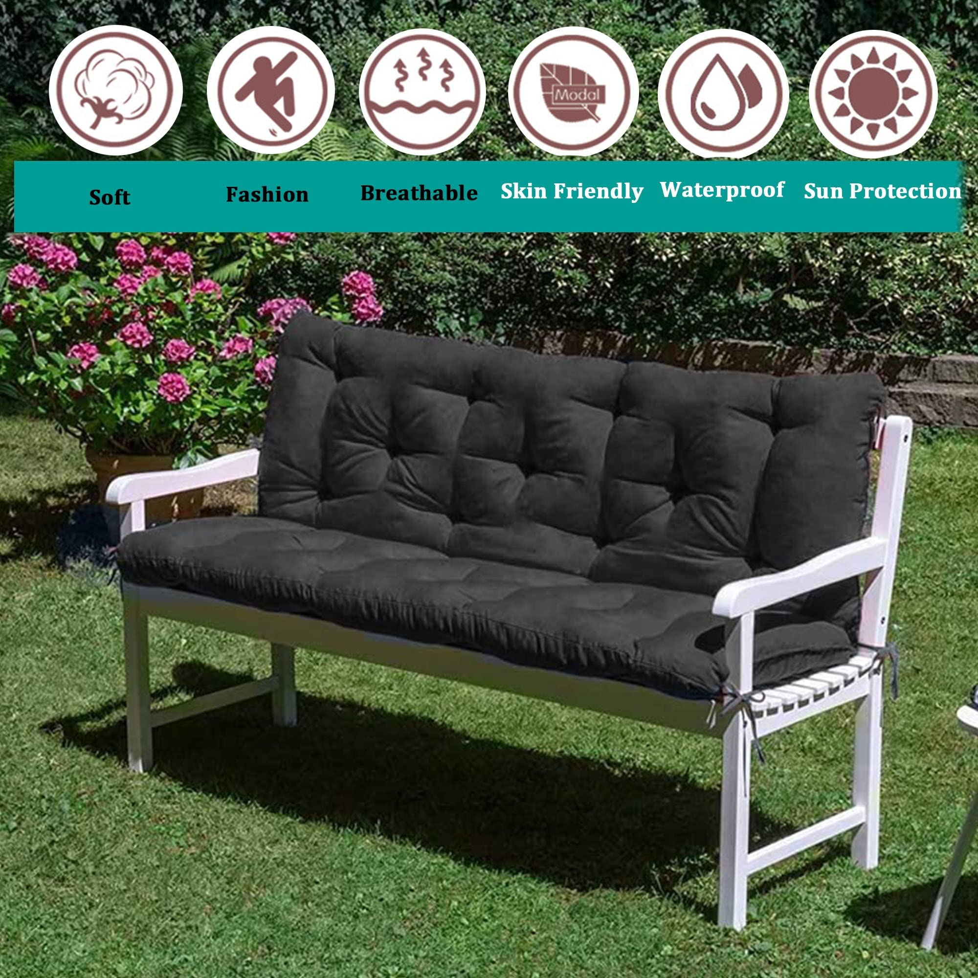 Replacement Seat Cushion for Garden Patio Swing - Waterproof Non-Slip 2-3 Seater Bench Cushion with Backrest & Ties - Durable Outdoor Indoor Furniture Cushion for Porch, Deck, Balcony & Backyard Relaxation