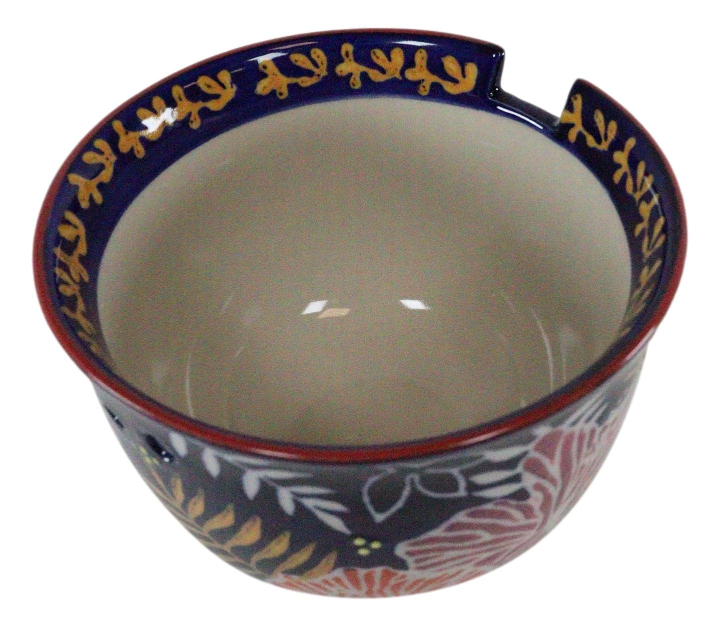 Ebros Blue Ceramic Ramen Bowl with Built-in Chopstick Rest - Floral and Leaf Design Porcelain Noodle Soup Rice Dish - Includes Bamboo Chopsticks - Perfect for Asian Cuisine, Udon, Pho, and Home Dining