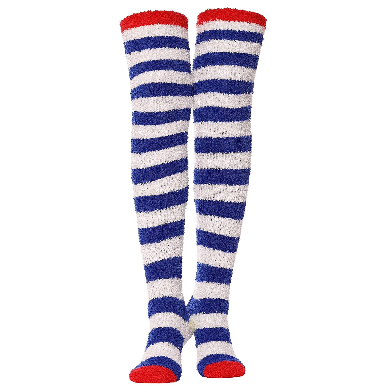 SherryDC Women's Thigh High Fuzzy Socks - Fluffy Cozy Over The Knee Striped Stockings for Girls & Women | Perfect for Winter, Home, Office & Leg Warmers