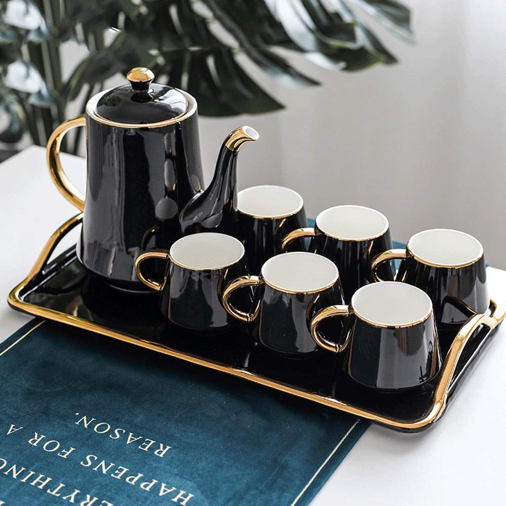 Premium Nordic Ceramic Coffee & Tea Set with Gold Trim - 6-Piece Black Coffee Pot, Cups & Tray - Elegant Home Tea Time Gift for Afternoon Tea, Housewarming & Bridal Showers (Perfect for Cozy Kitchens, Office Break Rooms & Hostess Gifts)