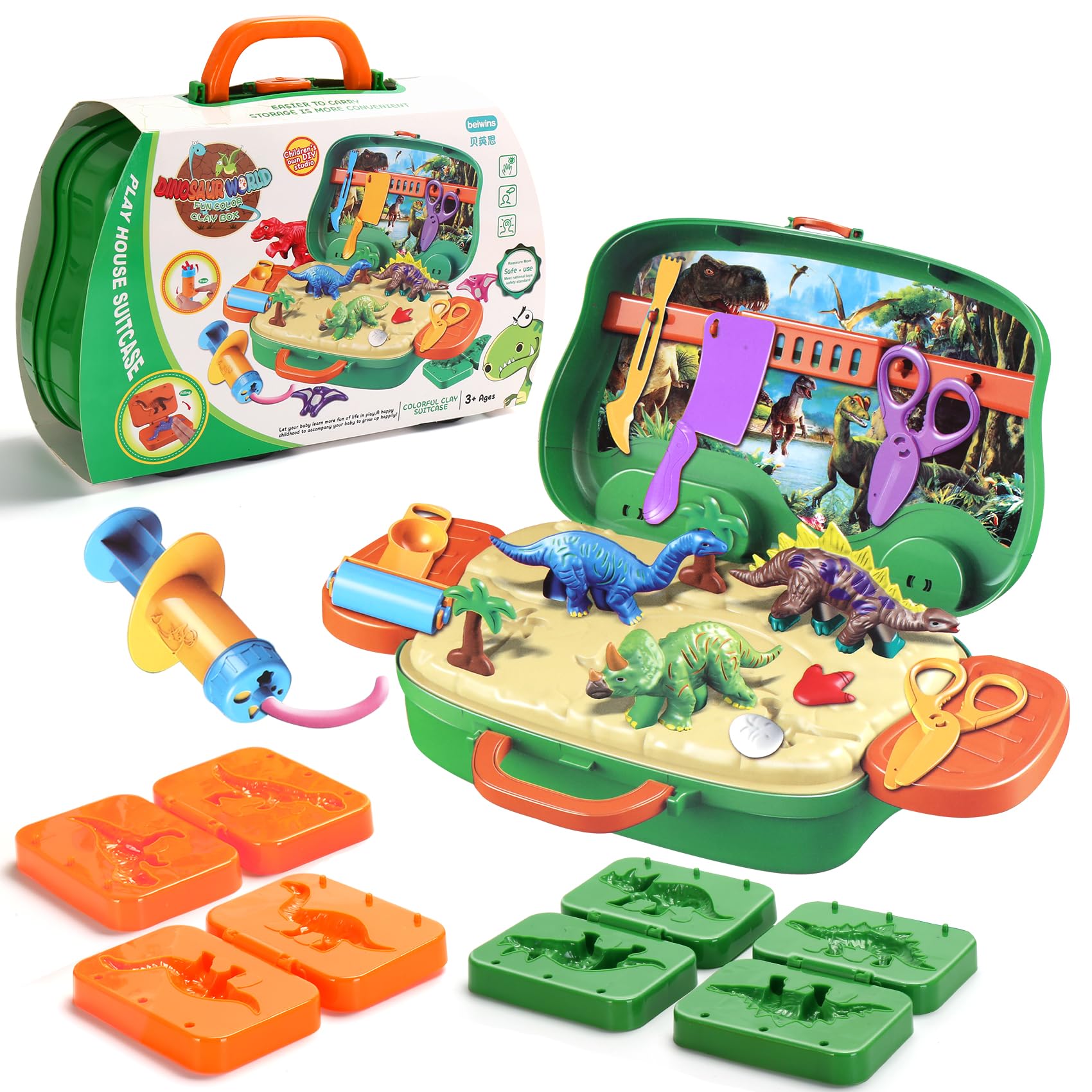 DIY Play Dough Dinosaur Toys Kit - 24-Piece Clay Pretend Play Set with Molds & Portable Storage Case - Creative Educational STEM Toys for Kids Ages 3-8 - Perfect for Birthday Gifts, Classroom Activities & Sensory Play