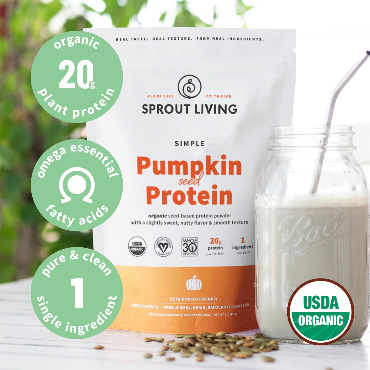 Sprout Living Organic Pumpkin Seed Protein Powder - 20g Plant-Based Vegan Protein, Non-GMO, Gluten-Free, Dairy-Free, No Artificial Sweeteners, Keto-Friendly (1lb) - Perfect for Smoothies, Baking & Post-Workout Recovery