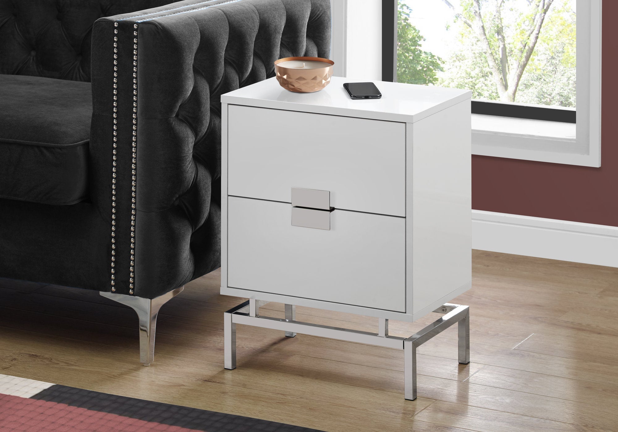 Modern Accent Table - 24 Inch Glossy White Finish with Chrome Metal Legs - Perfect for Living Room, Bedroom, or Office Decor