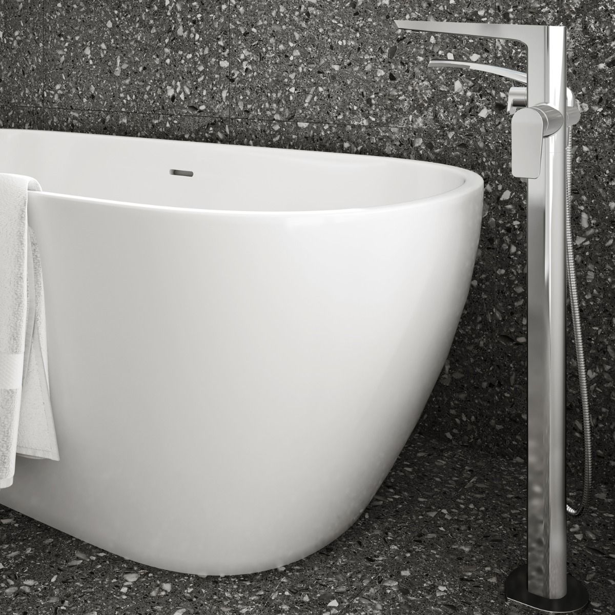 KALIA MOROKA Floor Mount Tub Filler with Hand Shower in Chrome - Modern Bathroom Faucet for Bathtub and Shower Combo, Perfect for Spa-Like Relaxation