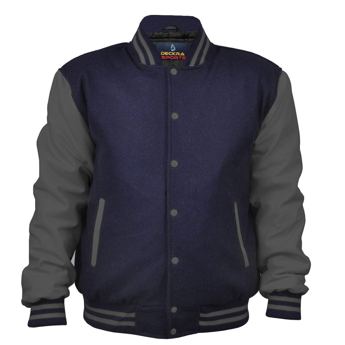 Genuine Leather Sleeve & Wool Blend Women's Varsity Jacket - Navy Blue/Dark Grey Letterman College Jacket for Ladies & Girls (Small) | Perfect for School Spirit, Game Days & Casual Fashion