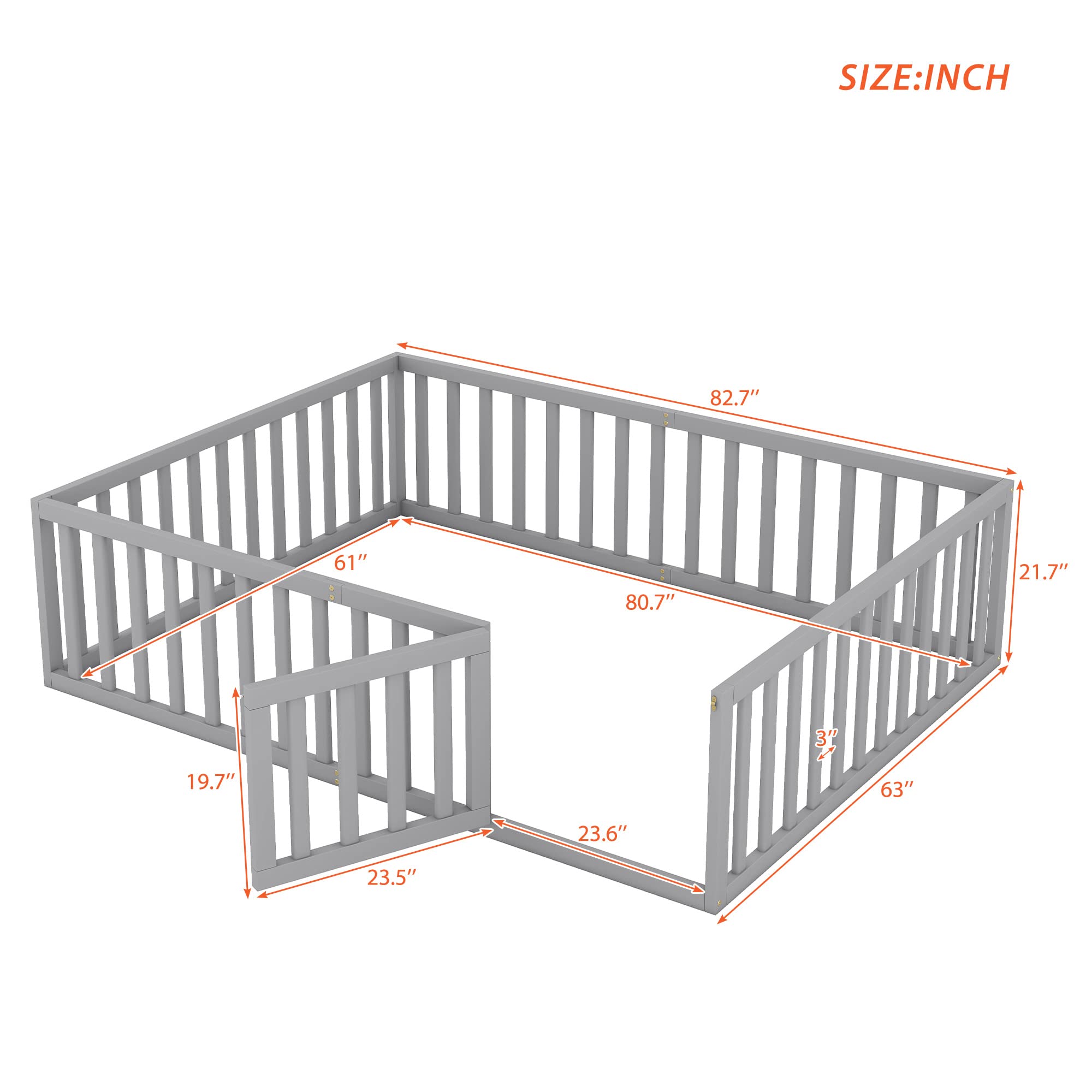 Harper & Bright Designs Queen Size Montessori Floor Bed with Safety Fence - Solid Wood Platform Bed Frame for Kids, Boys & Girls - Gray - Perfect for Child's Room, Playroom & Montessori Learning Spaces