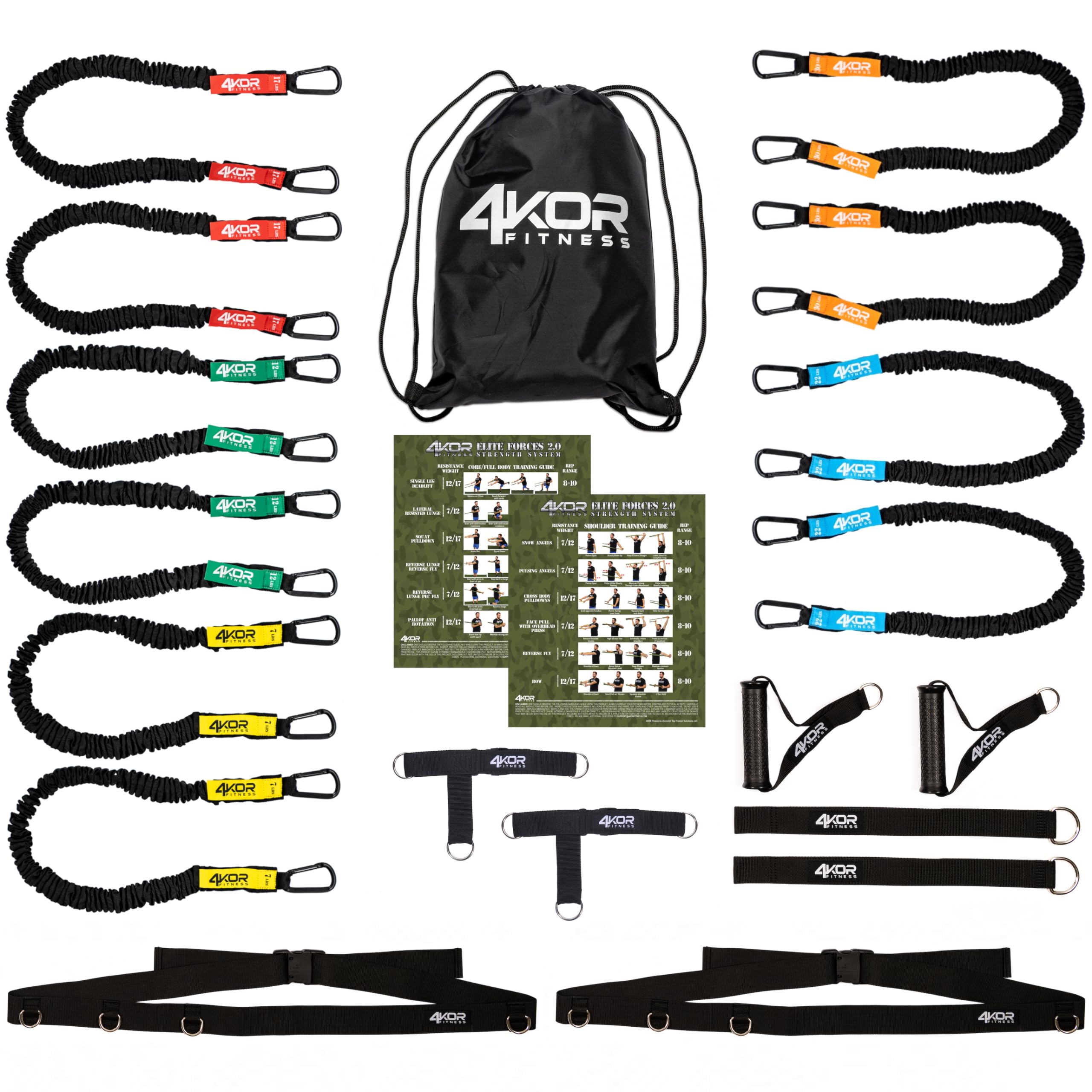 4KOR Deluxe Adjustable Shoulder & Full Body Resistance Band System with Interchangeable Handles, Foot Straps - Home Gym Workout Equipment for Strength Training, Physical Therapy & Fitness - Includes Nylon Sleeves, Anchors & Carry Bag