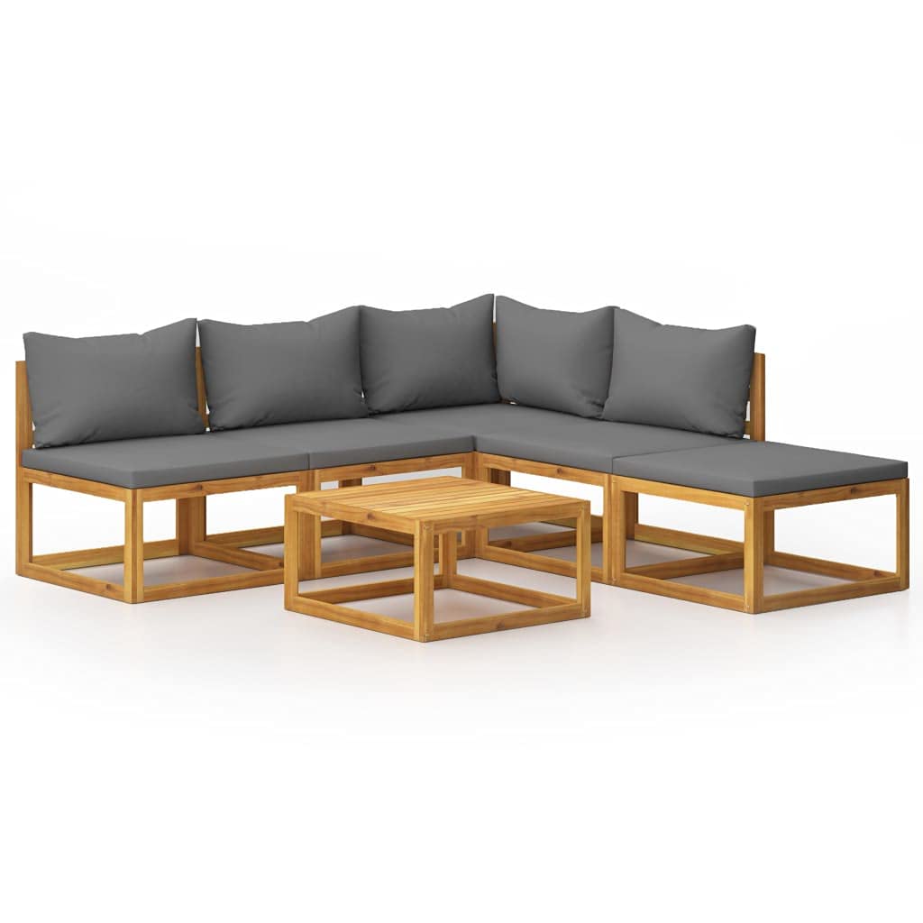 Premium 6-Piece Acacia Wood Outdoor Lounge Set with Dark Gray Cushions - Modern Patio Furniture with Coffee Table, Sofa & Ottoman - Weather-Resistant Garden Set for Backyard, Poolside or Terrace Relaxation