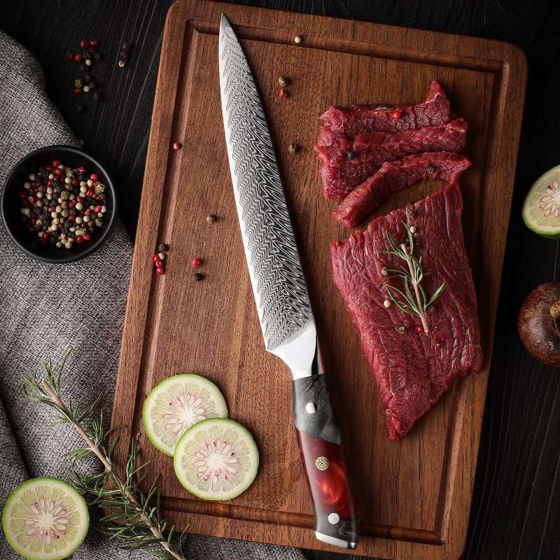 Premium 8-Piece Professional Chef Knife Set with VG10 Stainless Steel Blades & Stained Olive Wood Handles - Includes Protective Sheaths - Perfect for Home Cooking, Professional Kitchens & Culinary Gifts