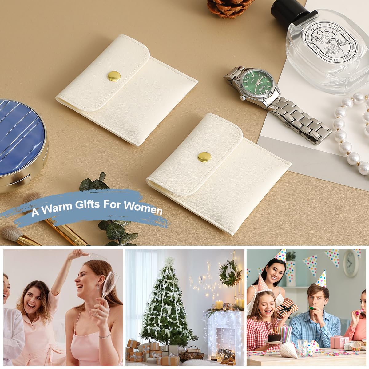 40pcs 8x8cm White PU Leather Jewelry Gift Bags with Snap Button - Luxury Small Favor Pouches for Earrings, Necklaces, Bracelets & Rings - Perfect for Wedding Favors, Party Gifts & Retail Packaging