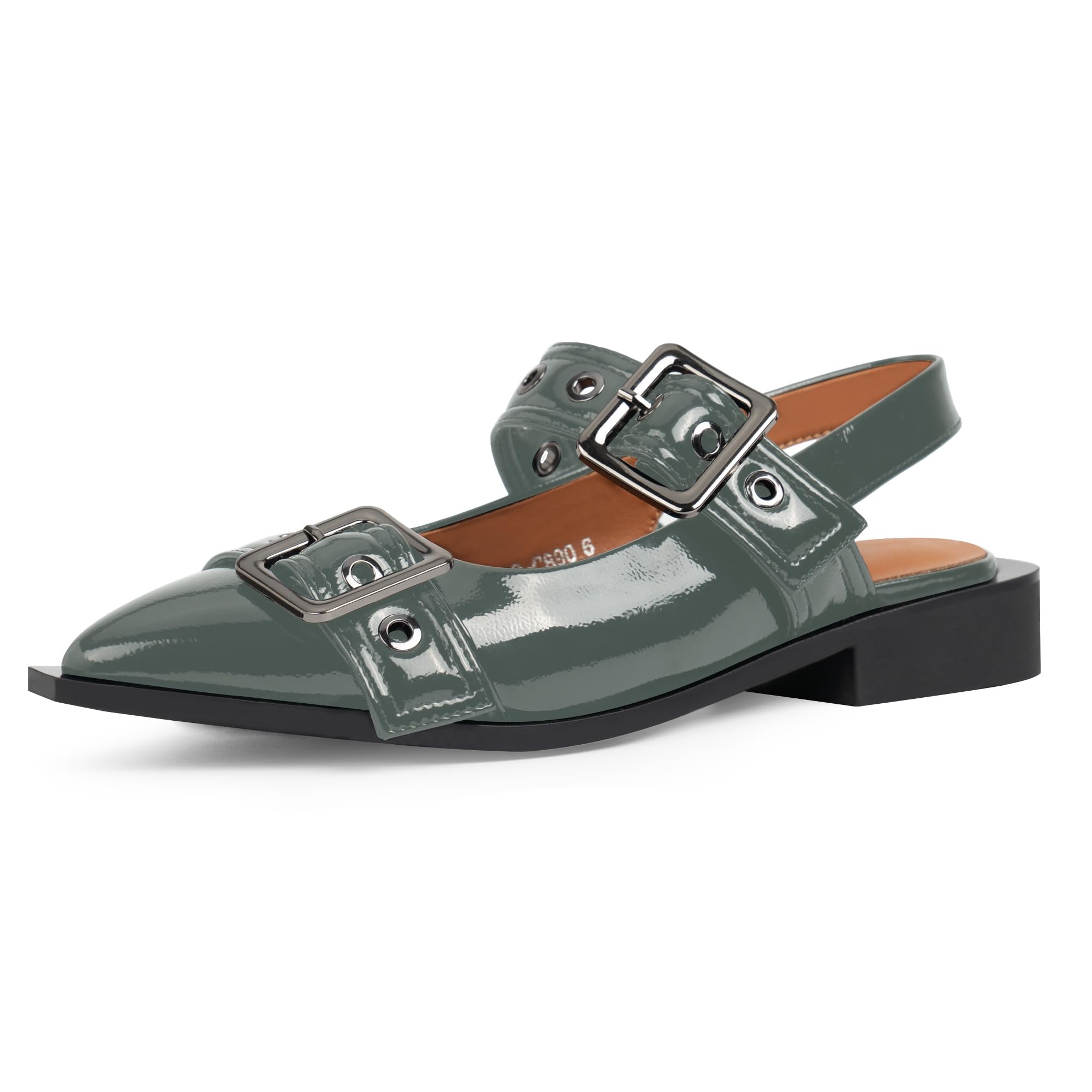 Women's Comfortable Buckle Ballet Flats - Pointed Toe Slingback Shoes with Low Chunky Heel & Patent Leather - Perfect for Parties, Weddings & Office Wear