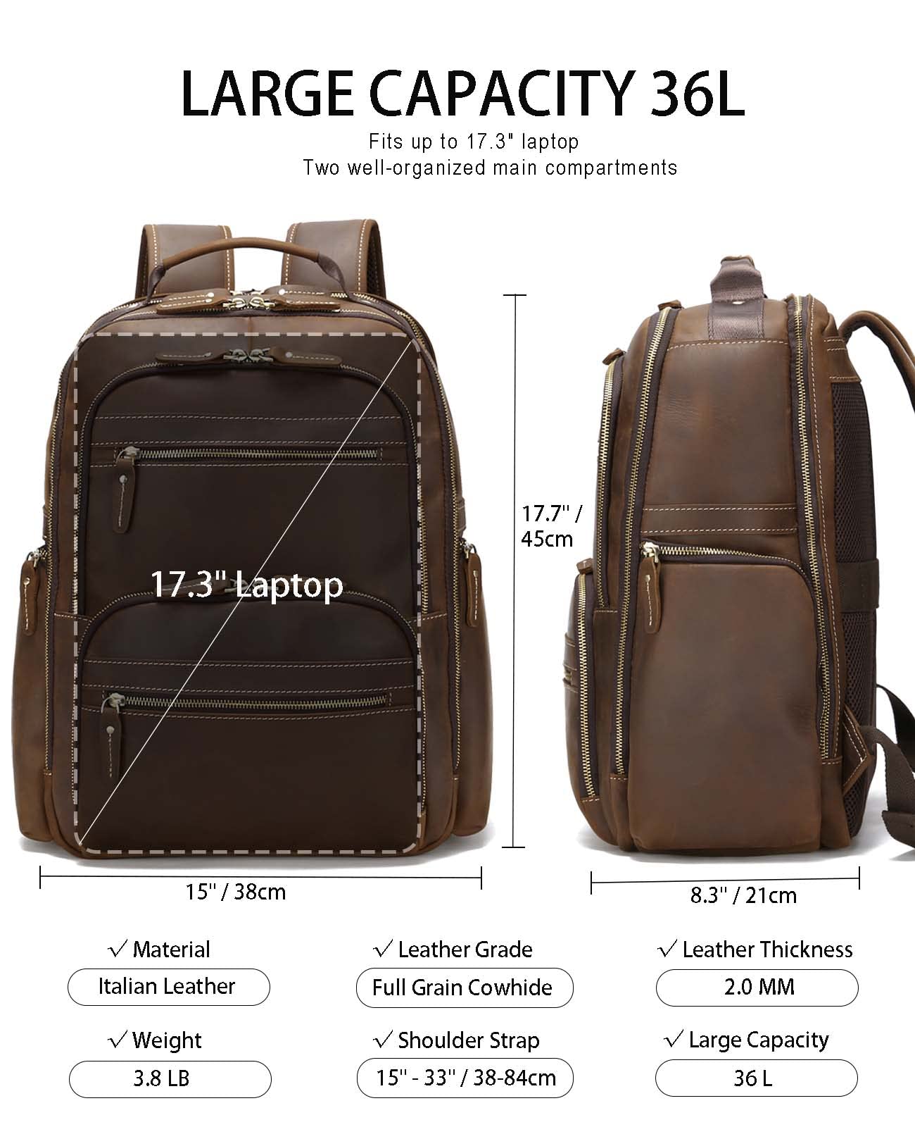 Genuine Leather Backpack for Men - Vintage 17.3 Inch Laptop Bag with Large Capacity (36L) - Perfect for Business Travel, Hiking, Overnight Trips & Daily Use