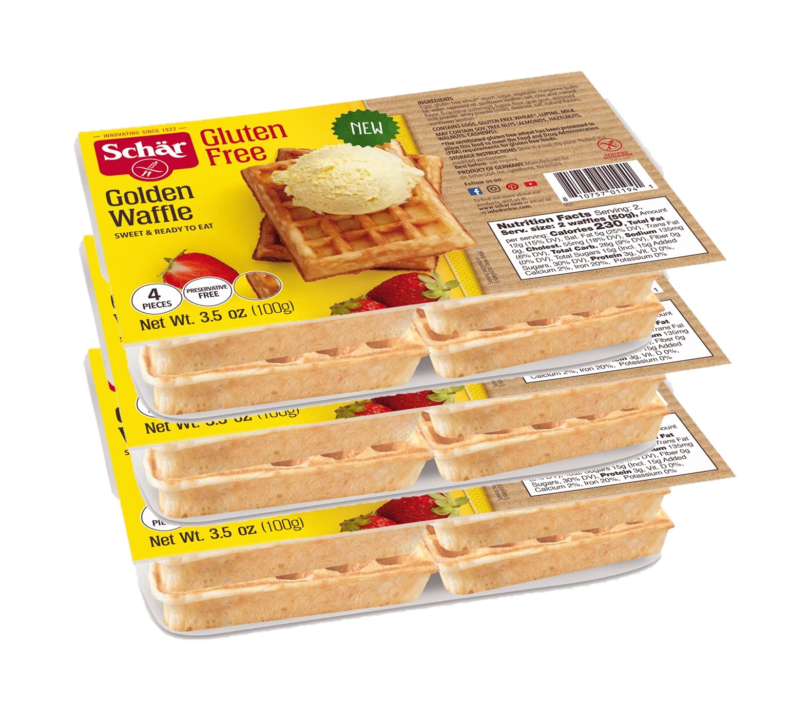 Schar Gluten Free Golden Waffles - 4 Pack (12 Waffles Total) | Crispy & Delicious Breakfast Waffles for Gluten-Free Diet | Perfect for Toaster, Quick Breakfast & Family Meals