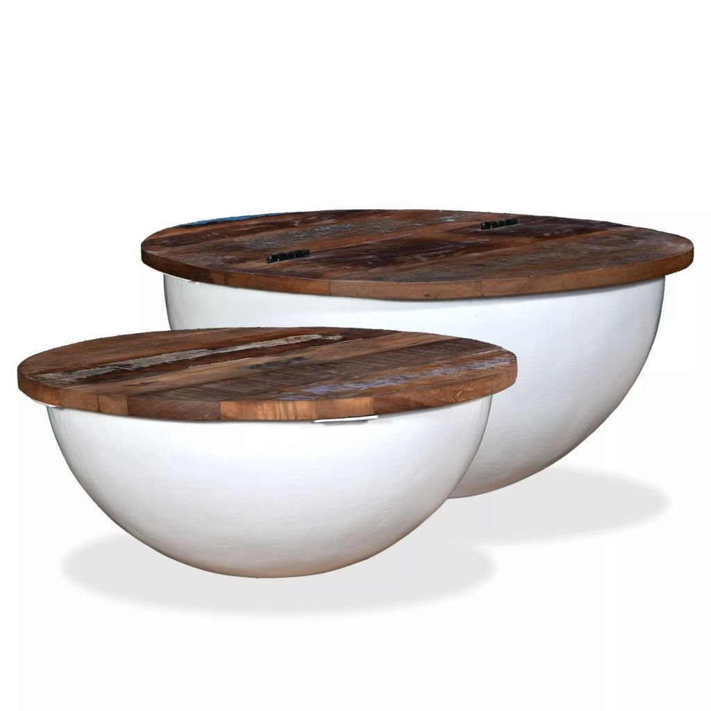 Rustic Wood End Side Table Set of 2 with Storage - Bowl Shape Coffee Tables for Living Room, Bedroom - White (Home Decor, Farmhouse Style)
