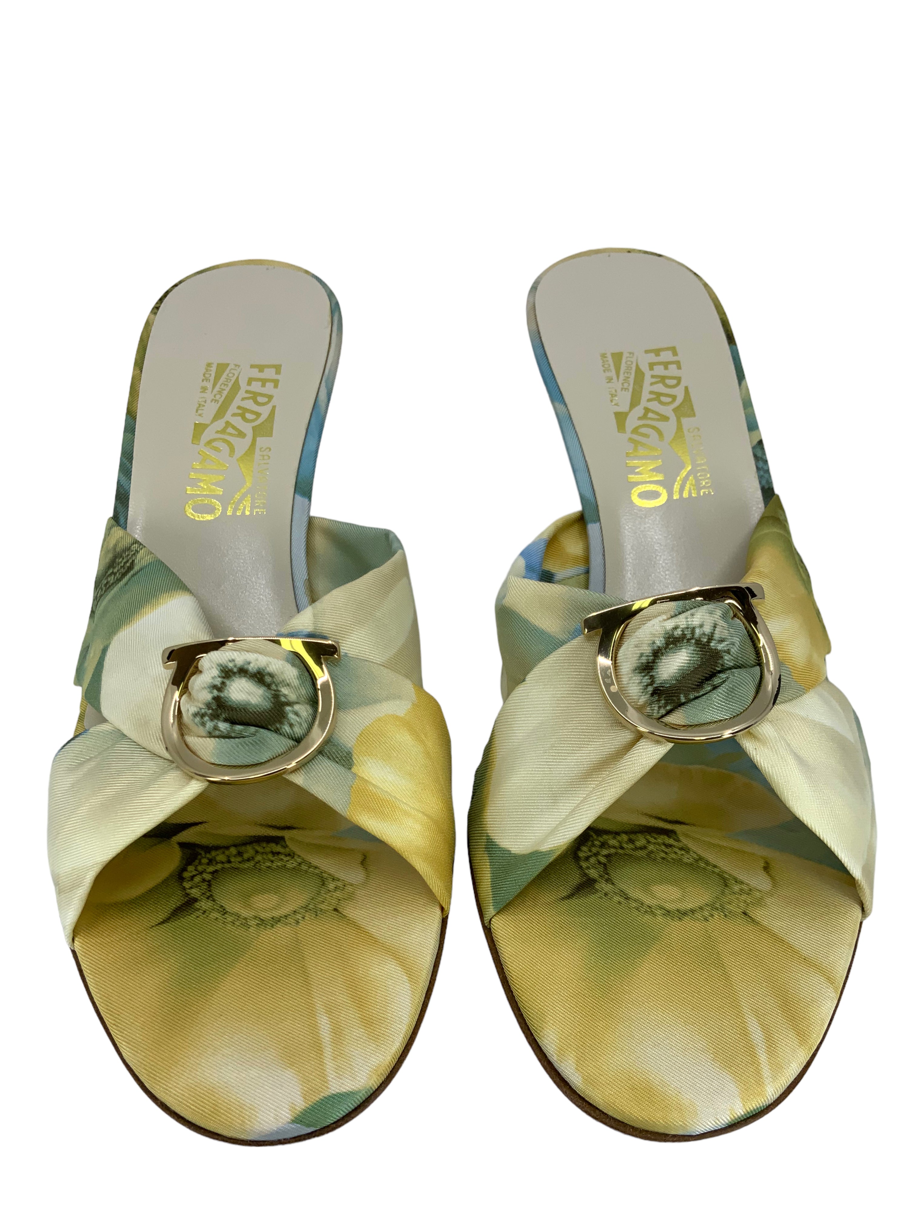 Salvatore Ferragamo Women's Floral Printed Silk Sandals Size 9.5 - Luxury Designer Summer Sandals for Weddings, Parties & Beach Vacations
