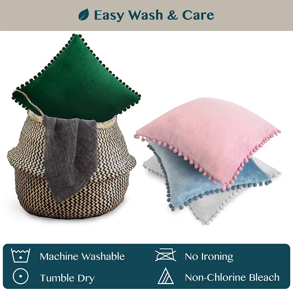 PAVILIA 20x20 Blush Pink Velvet Throw Pillow Covers Set of 2 - Soft Pom Pom Decorative Cushion Covers for Bed, Sofa, Couch & Home Decor - Cozy Living Room & Bedroom Aesthetic Accessories