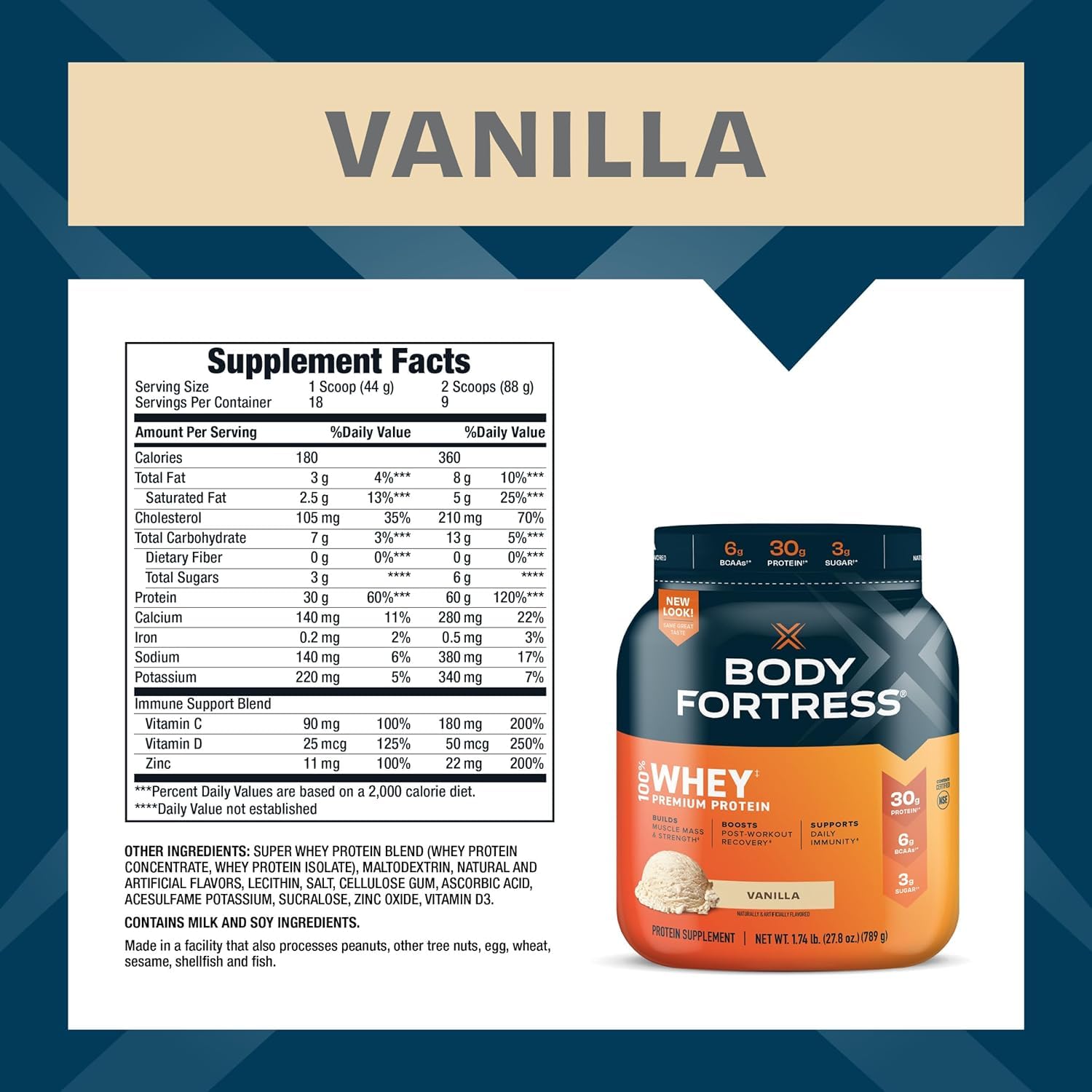 Body Fortress Super Advanced Whey Protein Powder - Vanilla Flavor, 1.74 lbs with Vitamins C, D & Zinc for Immune Support | Post-Workout Recovery & Muscle Building Supplement