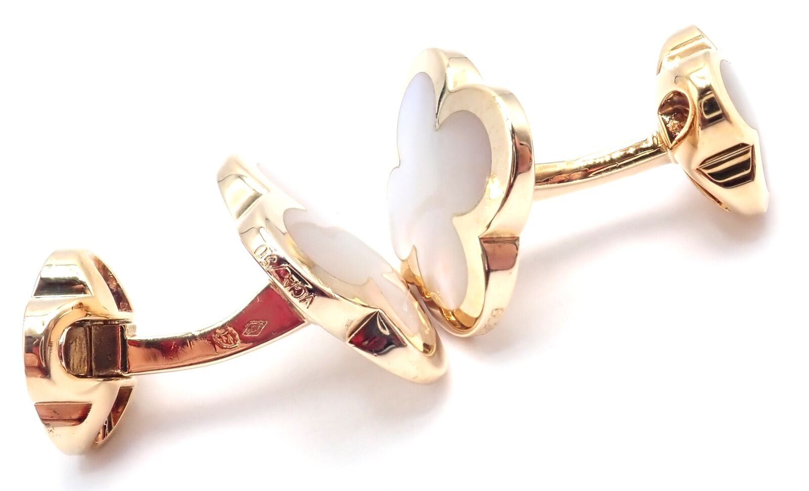 Van Cleef & Arpels 18k Yellow Gold Pure Alhambra Mother of Pearl Cufflinks - Certified Luxury Men's Jewelry for Formal Events & Weddings