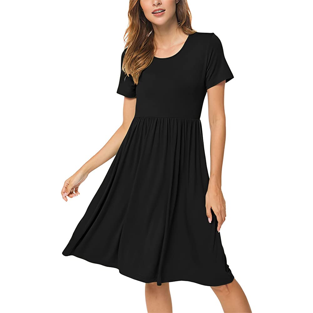 Women's Summer Short Sleeve Casual Dress - Solid Color Skirt for Beach, Vacation & Everyday Wear