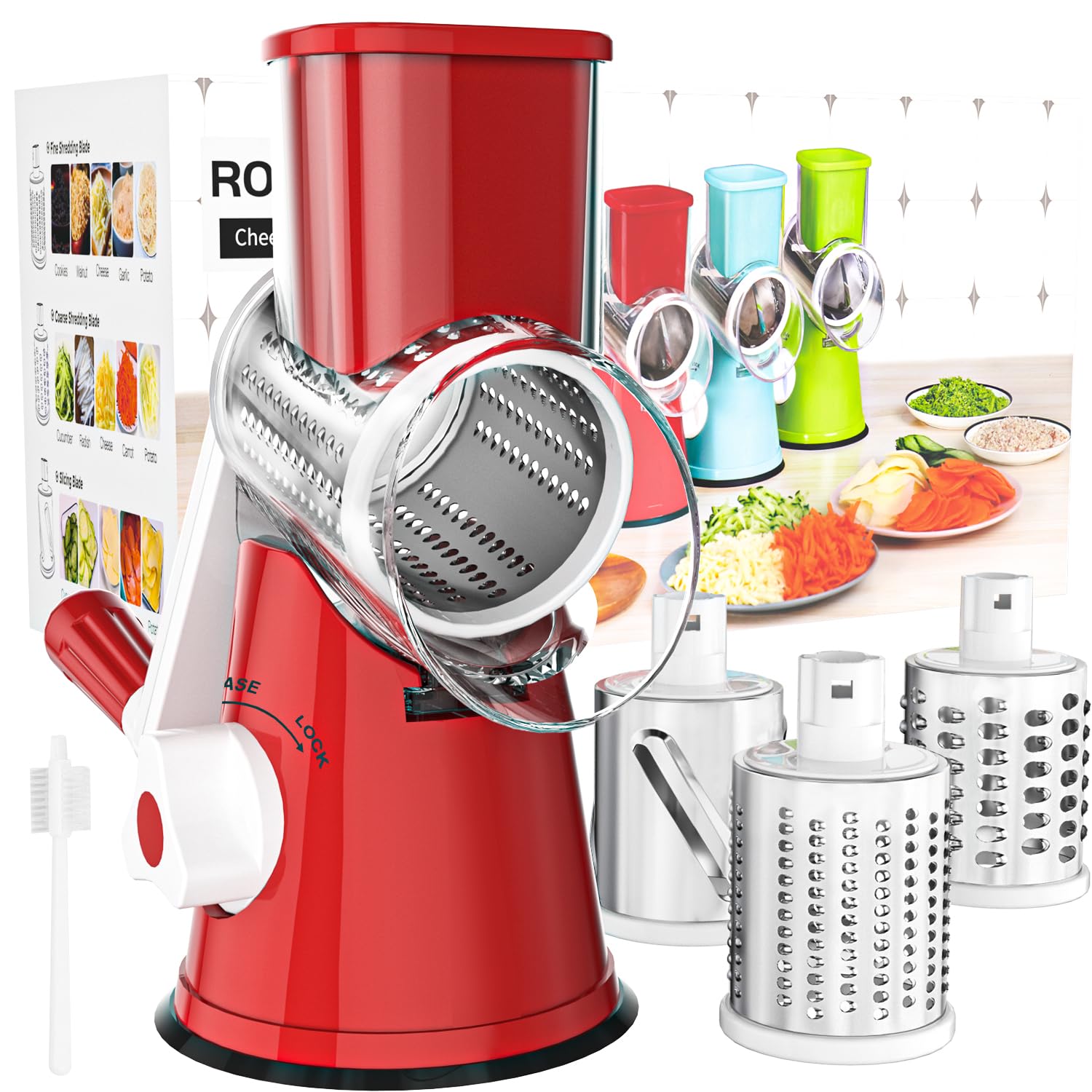 Premium Rotary Cheese Grater - Hand Crank Shredder for Cheese, Vegetables & Nuts | Non-Slip Suction Base | Includes 3 Blades & Free Cleaning Brush (Red) | Perfect for Kitchen, Pizza, Pasta & Salad Prep