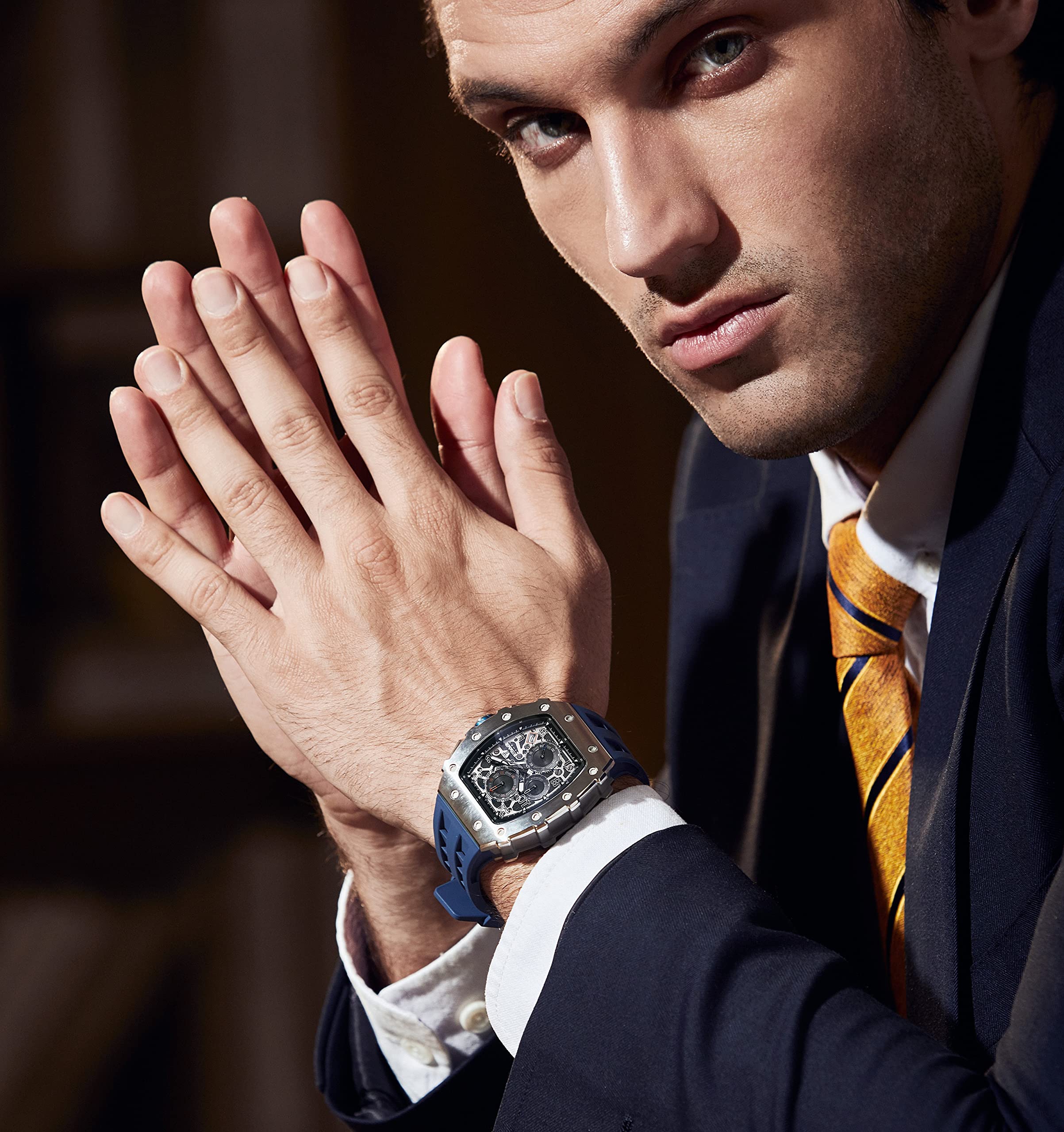 TSAR BOMBA Luxury Men's Watch - 50M Waterproof Tonneau Chronograph with Japanese Quartz Movement & Silicone Band - Perfect for Business, Casual Wear & Gifts for Men