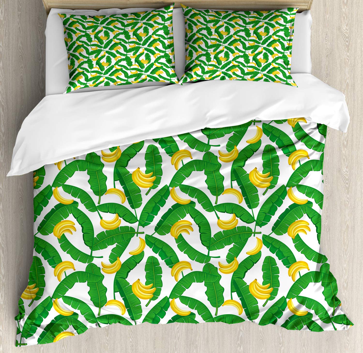 Ambesonne Botany King Size Duvet Cover Set - Tropical Banana & Palm Leaves Design, 3 Piece Bedding Set with 2 Pillow Shams, Hunter Green & Yellow, Nature Inspired Decor for Bedroom, Perfect for Summer & Coastal Themed Rooms