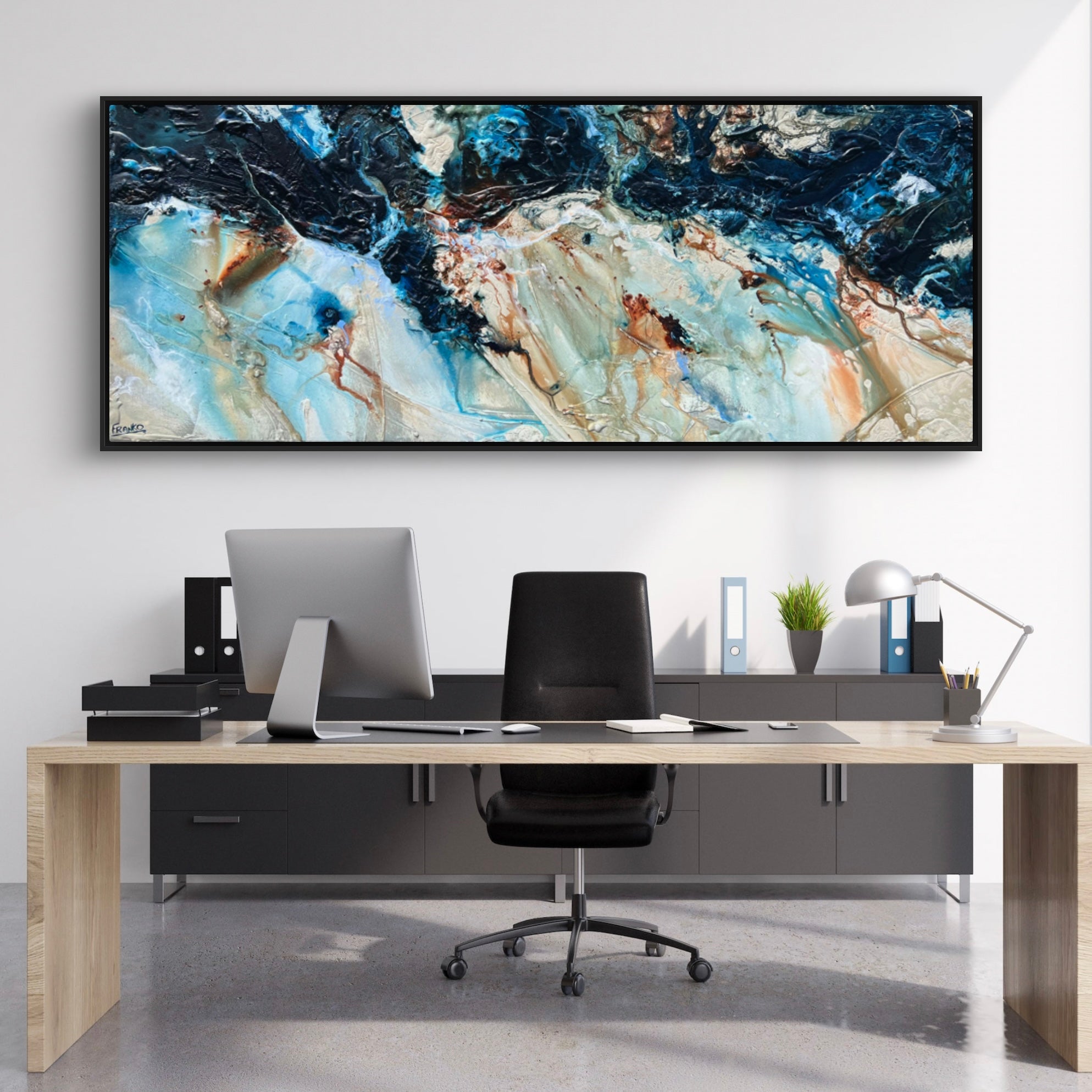 Blue Ochre Textured Abstract Canvas Painting 200cm x 80cm - Modern Wall Art for Living Room, Bedroom & Office Decor | After Midnight Collection