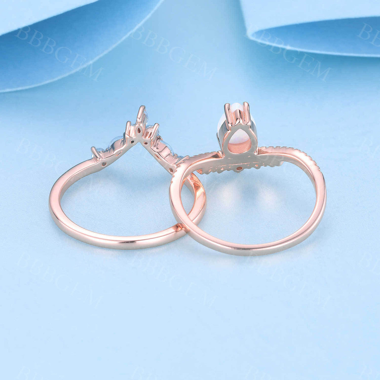 Vintage Opal Engagement Ring Set in Rose Gold with Blue Topaz Stacking Band - Unique Curved Wedding Bridal Jewelry Set for Proposal, Anniversary & Special Occasions