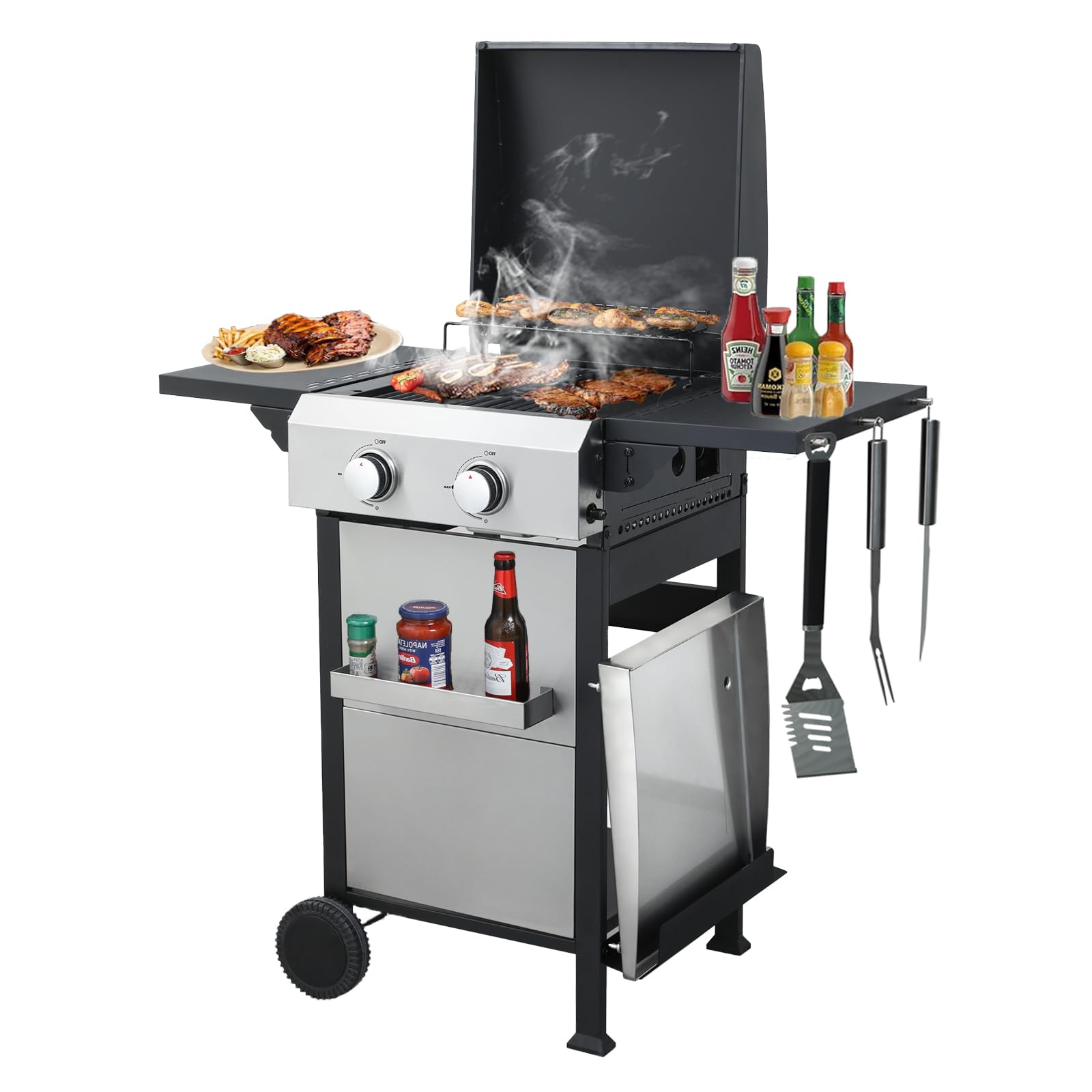 2 Burner Outdoor Griddle Grill Combo - 2-in-1 Propane Gas BBQ Grill with Enameled Cast Iron Grids & Stainless Steel Plancha - 24,600 BTU Portable Gas Grill for Patio, Backyard, Camping & Tailgating - Perfect for Outdoor Cooking, Picnics & Family Gatherings