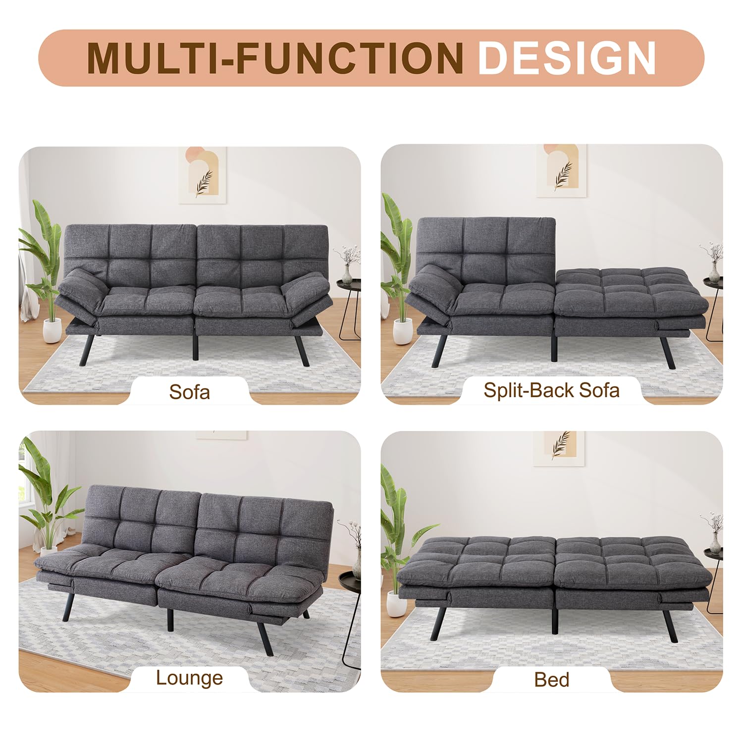 MUUEGM Convertible Futon Sofa Bed with Memory Foam - Modern Sleeper Loveseat for Small Spaces, Apartments & Living Rooms - Easy Assembly, Grey | Perfect for Guest Rooms, Studio Apartments & Cozy Lounging