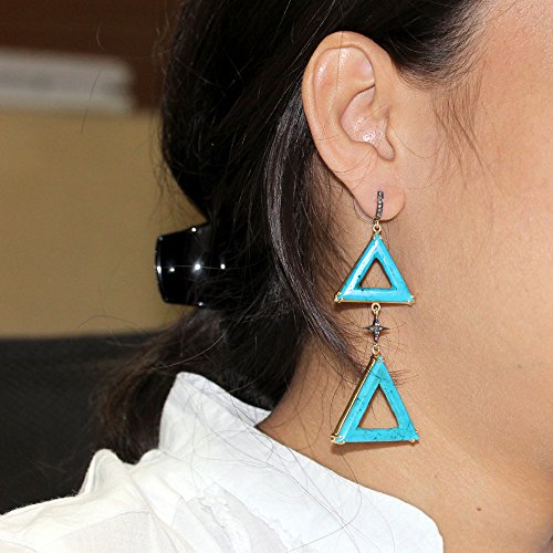 925 Sterling Silver Turquoise Gemstone & Natural Diamond Pave Triangle Dangle Earrings - Handmade Boho Jewelry for Women - Perfect for Weddings, Parties & Everyday Wear