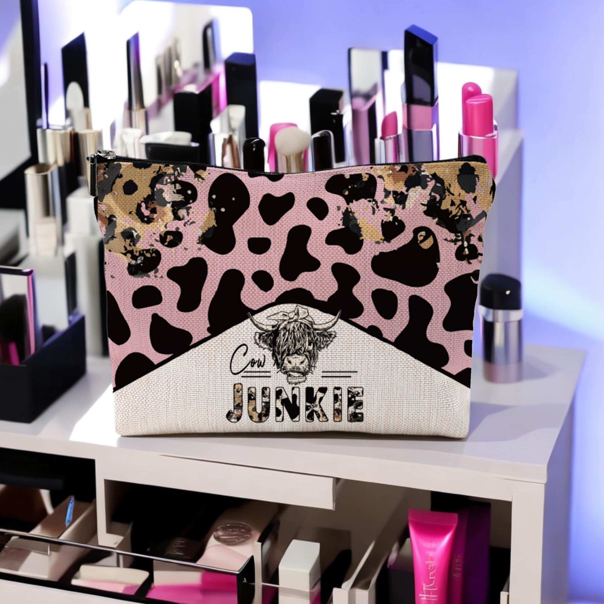 Cow Print Makeup Bag for Women - 7x10 Inch Cute Western Cow Pattern Cosmetic Pouch, Perfect for Travel, Gym & Everyday Use - Unique Cow Gifts & Accessories
