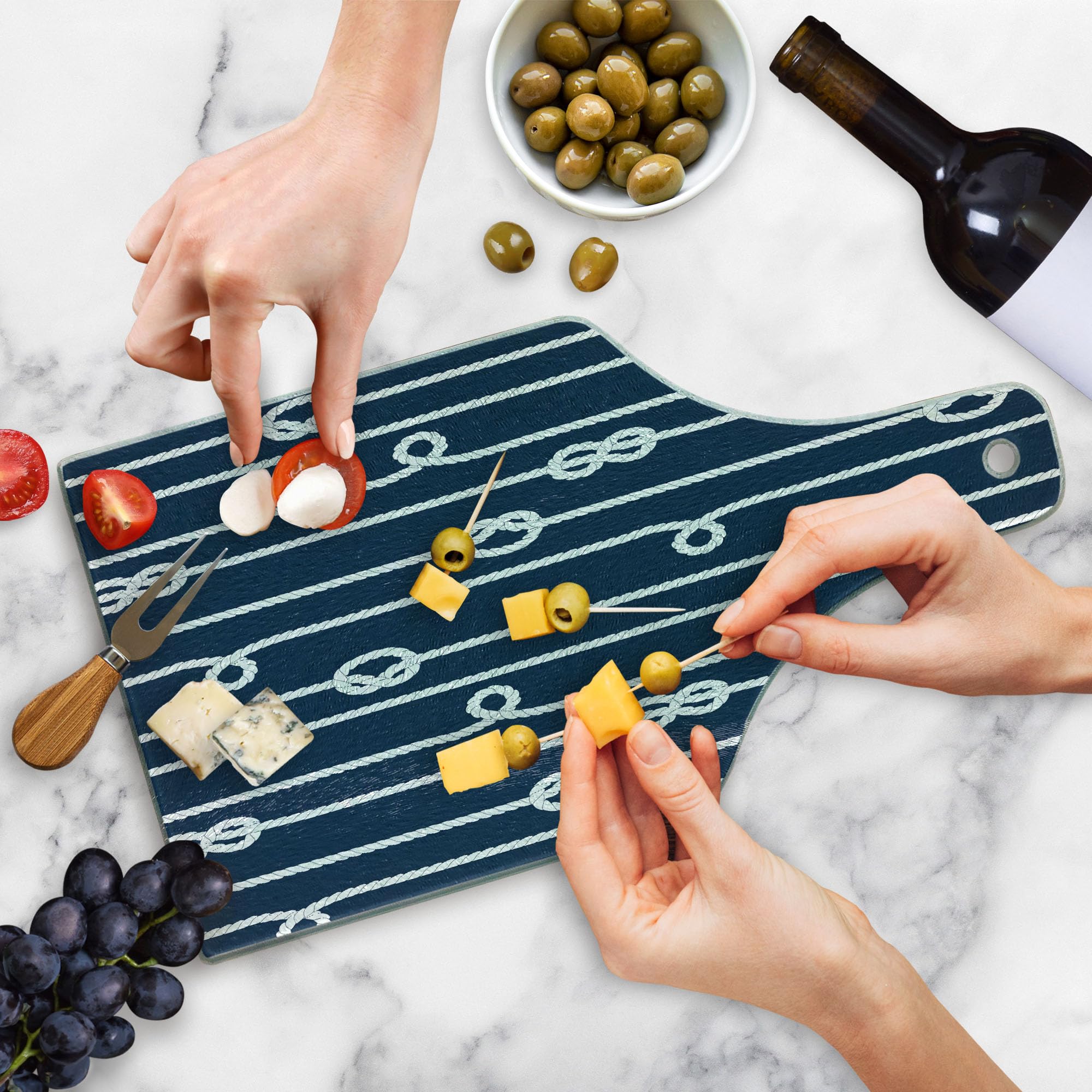 Ambesonne Navy Blue Tempered Glass Cutting Board - Marine Knots Sailor Sailing Theme with Summer Sun Print - Decorative Serving Board for Kitchen, Wine Bottle Shape in White and Blue - Perfect for Entertaining, Charcuterie, and Gift Giving