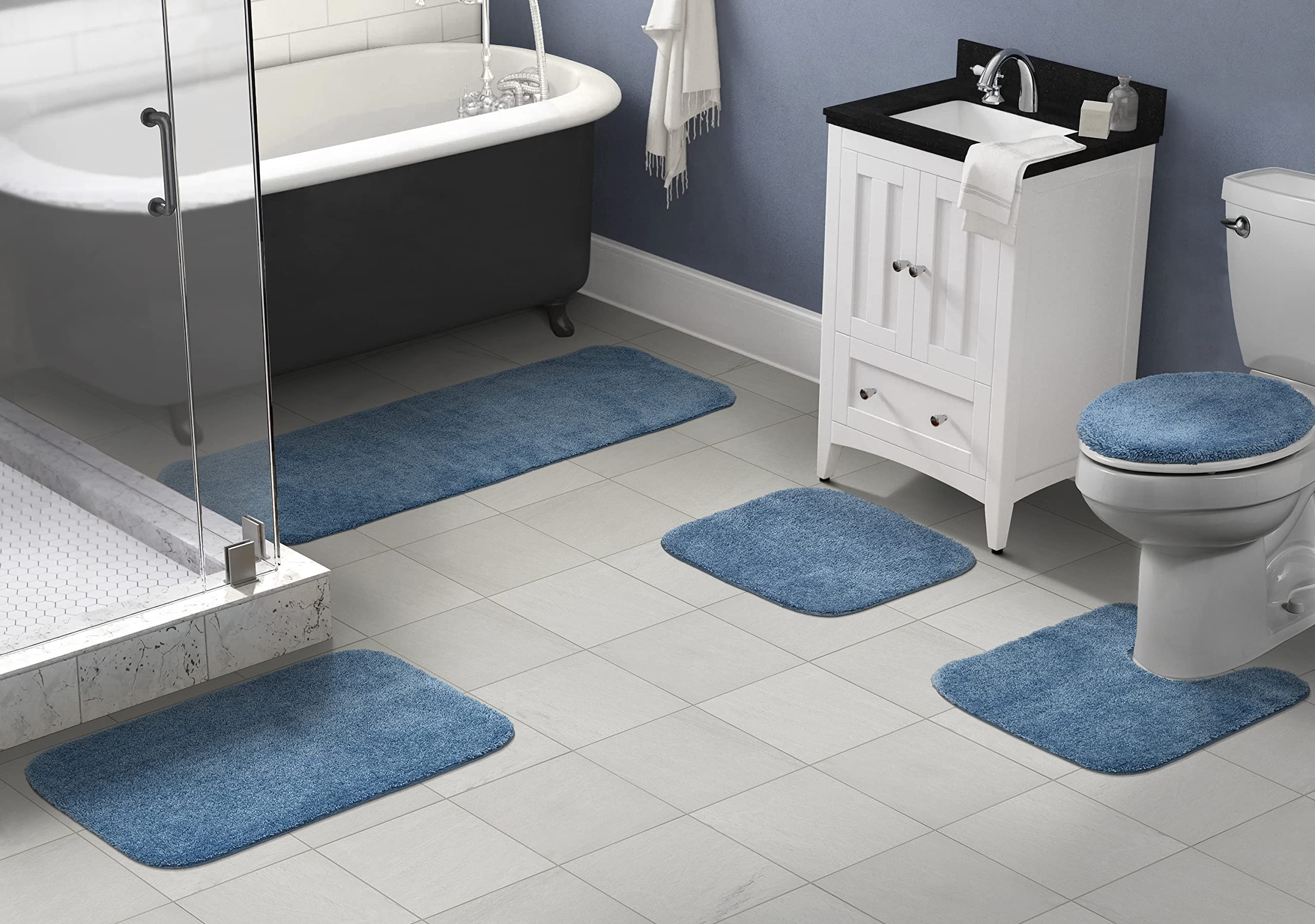 Garland Rug Traditional Nylon Washable Basin Blue 5-Piece Bathroom Set - Includes Lid, Contour Mat & 3 Soft Absorbent Bath Rugs | Stylish Non-Slip Bath Mat for Shower, Tub & Vanity Area