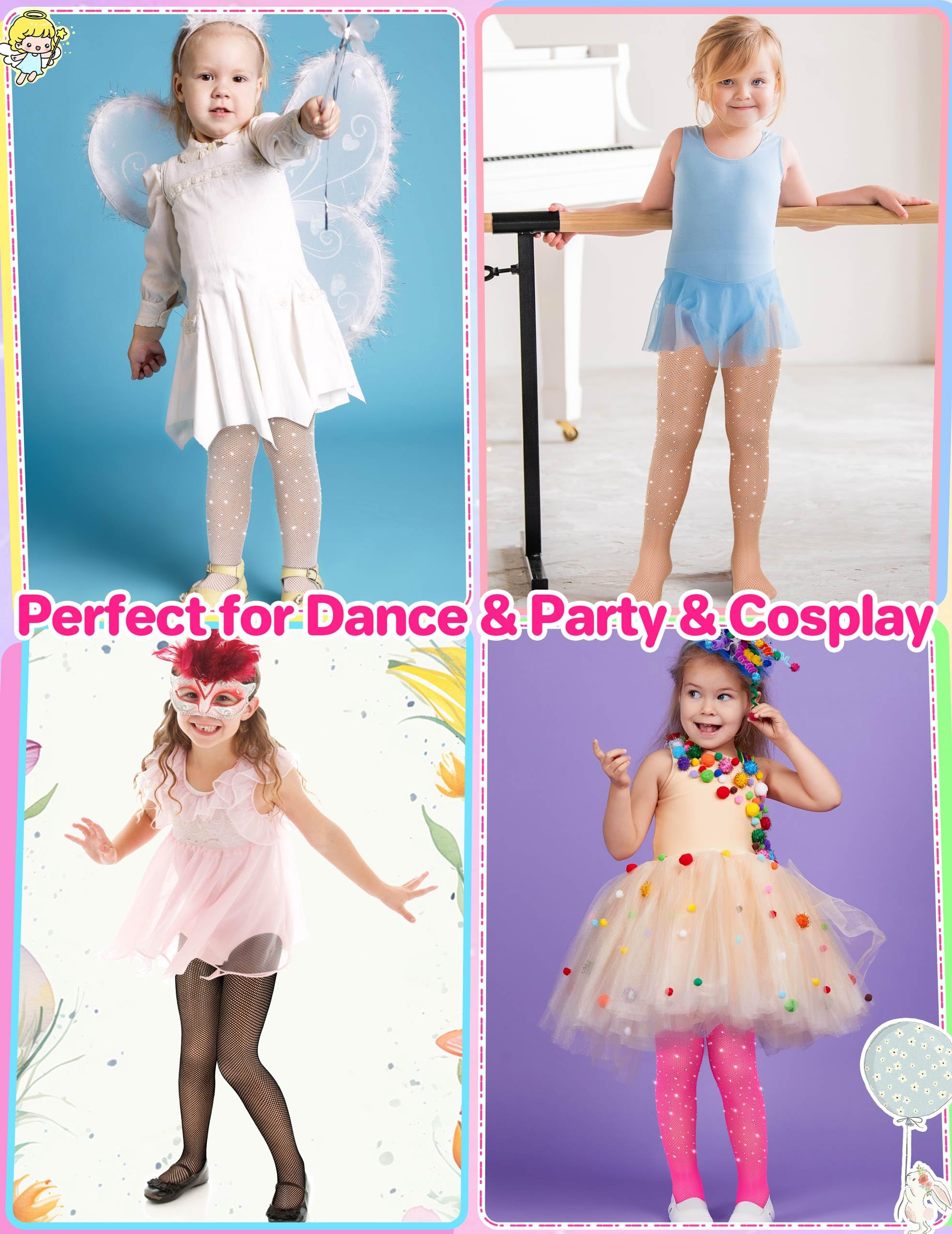 QikQik Girls Fishnet Tights - Kids Sparkly Stockings & Toddler Glitter Tights for Halloween Costumes, Rhinestone Party Wear - Perfect for Dress Up, Dance Performances & Holiday Celebrations